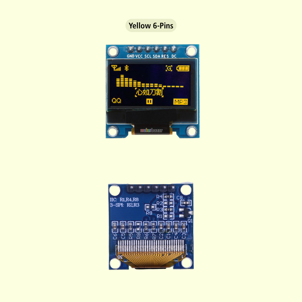 Two electronic components with 'Yellow 6-Pins' label on a beige background