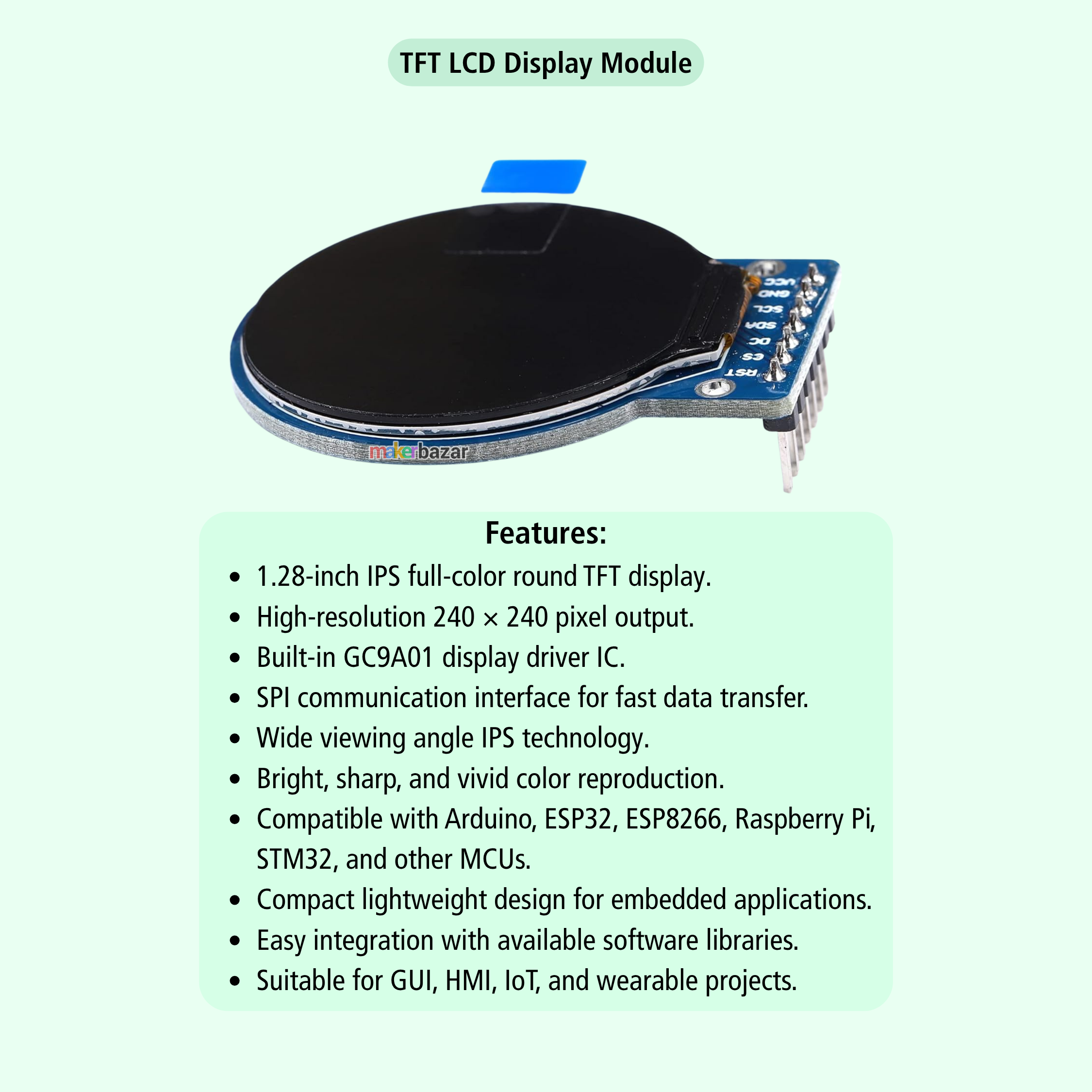 TFT LCD display module with a round black display face and blue circuit board, shown on a pale green background with text describing features and compatibility.