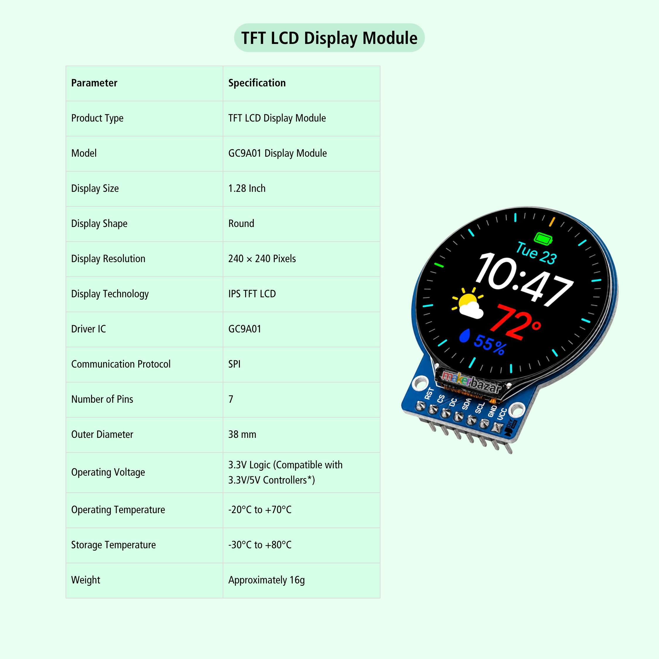 A TFT LCD display module shown on a pale green background with a technical specification table on the left and the round display module itself on the right. The module has a blue PCB with multiple pins and a black circular display face.