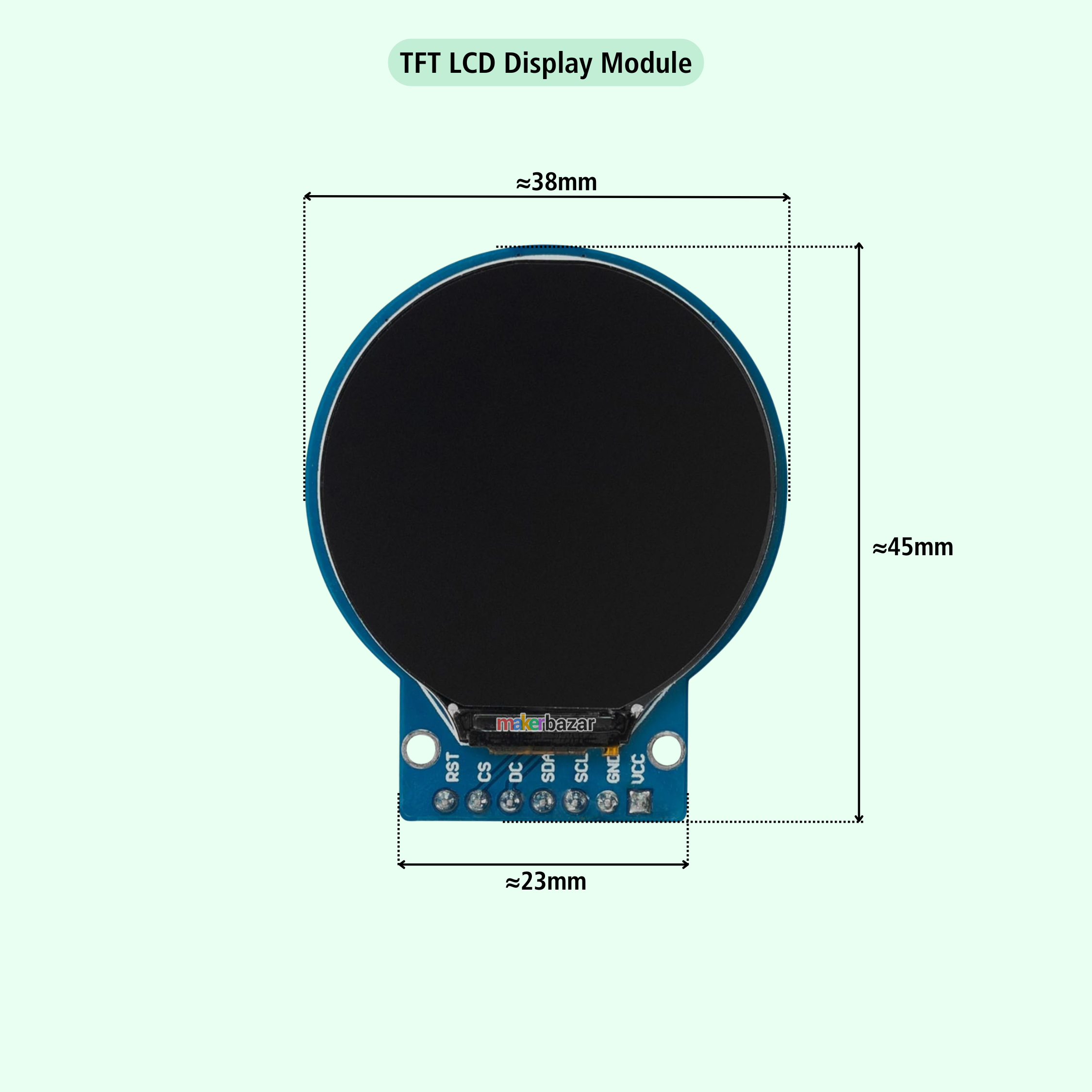 A TFT LCD display module with a black circular screen and a blue PCB base, shown with dimension labels indicating approximately 38mm by 45mm by 23mm on a pale mint background.