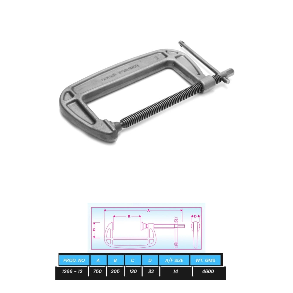 Metal C-clamp with dimensions on a white background