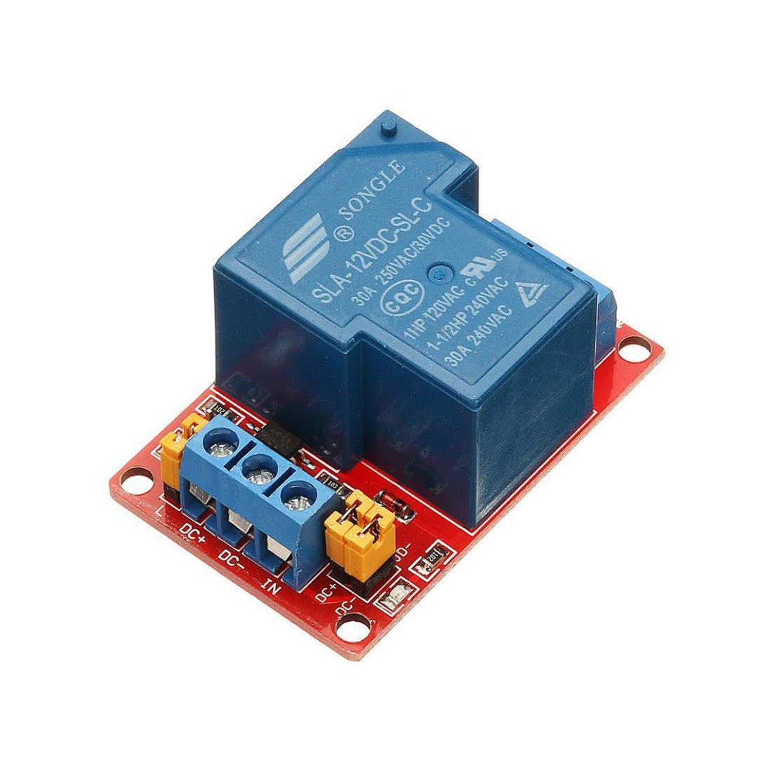 A single channel 12V relay module with a blue body and red connectors, including a power input and relay control signal header.