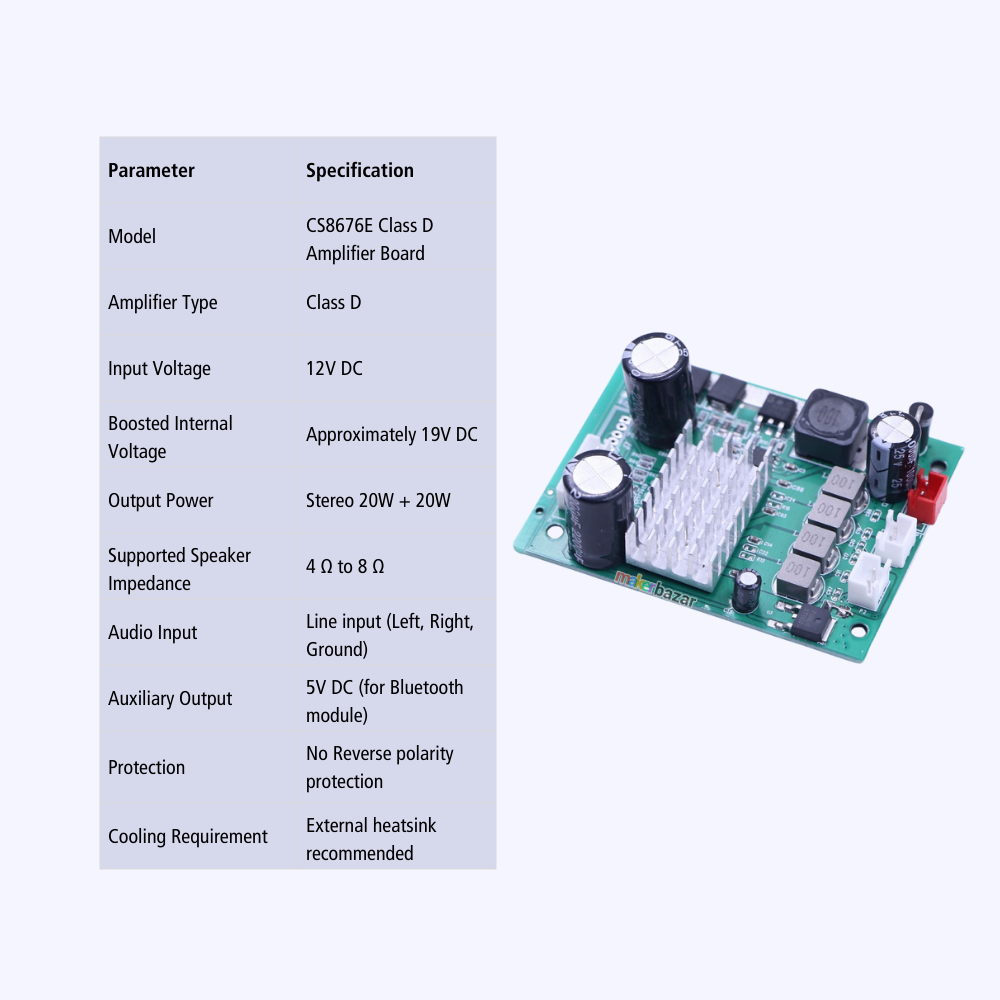 12V Class D Stereo Amplifier Board CS8676E 20W Plus 20W