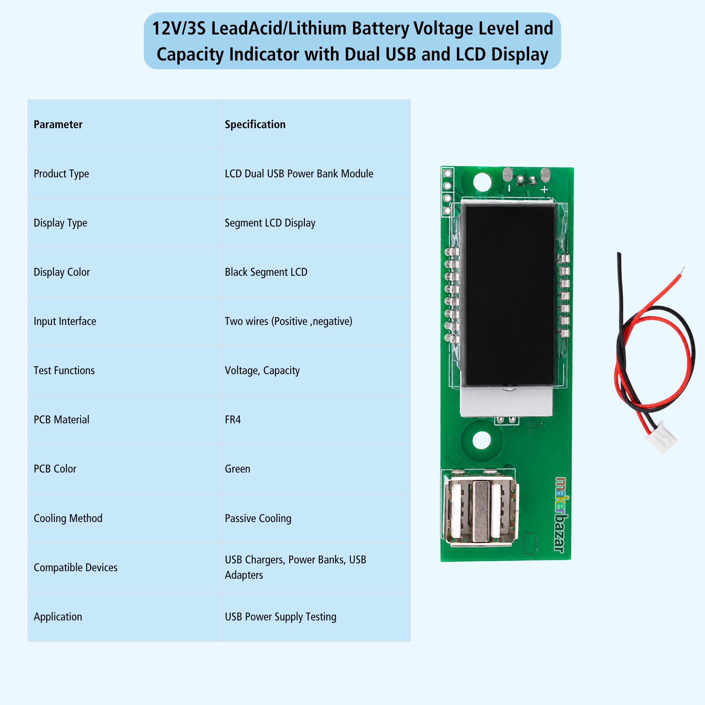 12V/3S LeadAcid/Lithium Battery Voltage Level and Capacity Indicator with Dual USB and LCD Display