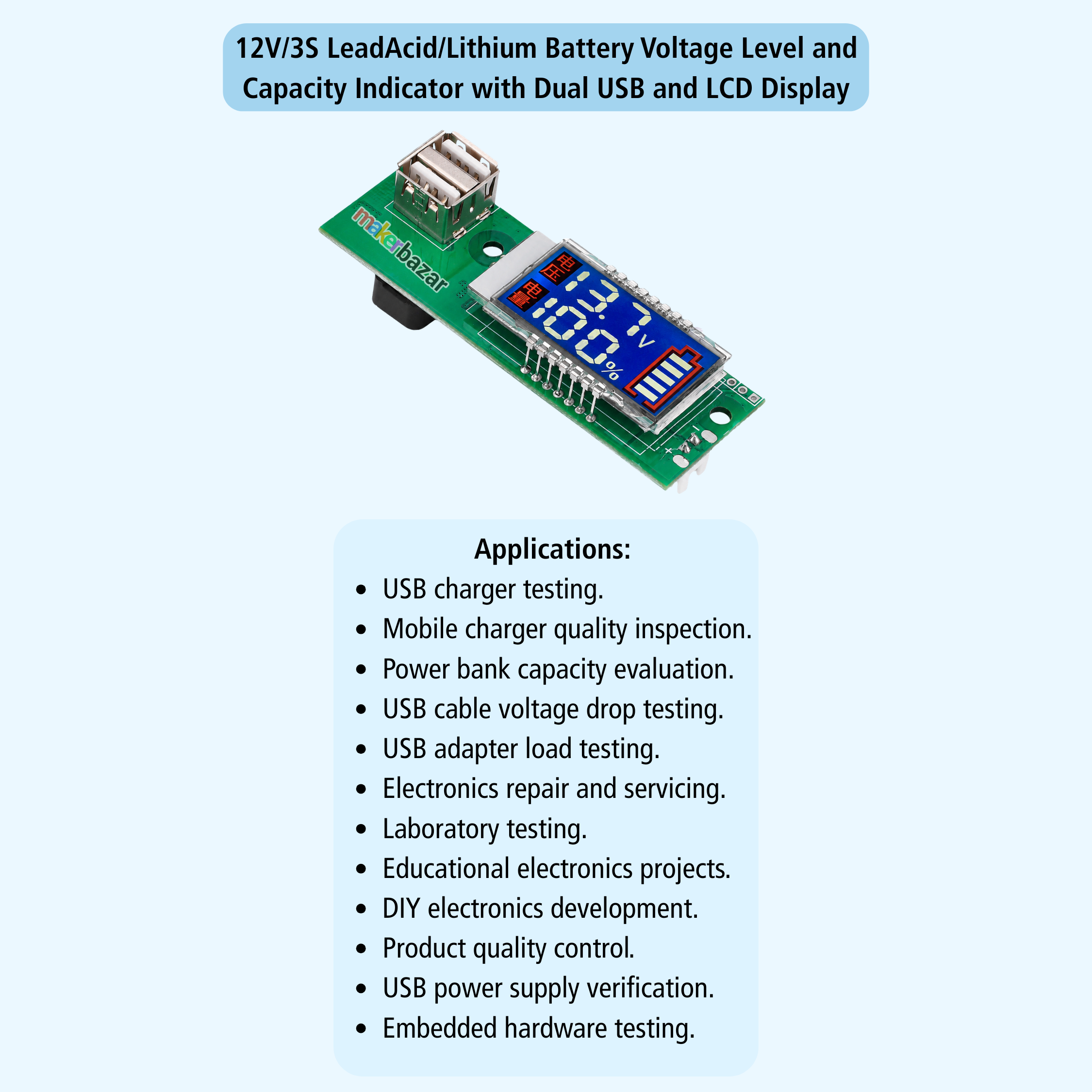 12V/3S LeadAcid/Lithium Battery Voltage Level and Capacity Indicator with Dual USB and LCD Display