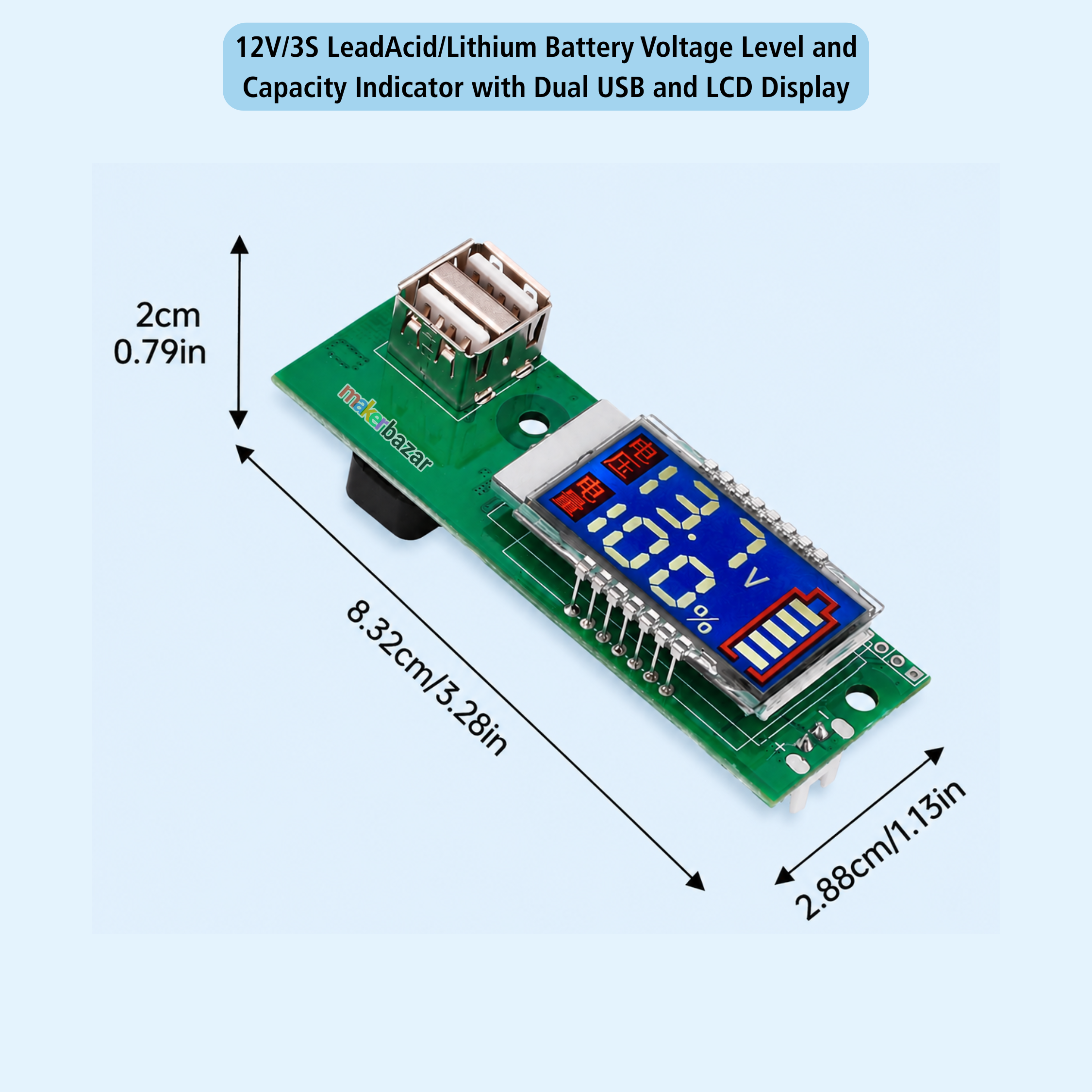 12V/3S LeadAcid/Lithium Battery Voltage Level and Capacity Indicator with Dual USB and LCD Display