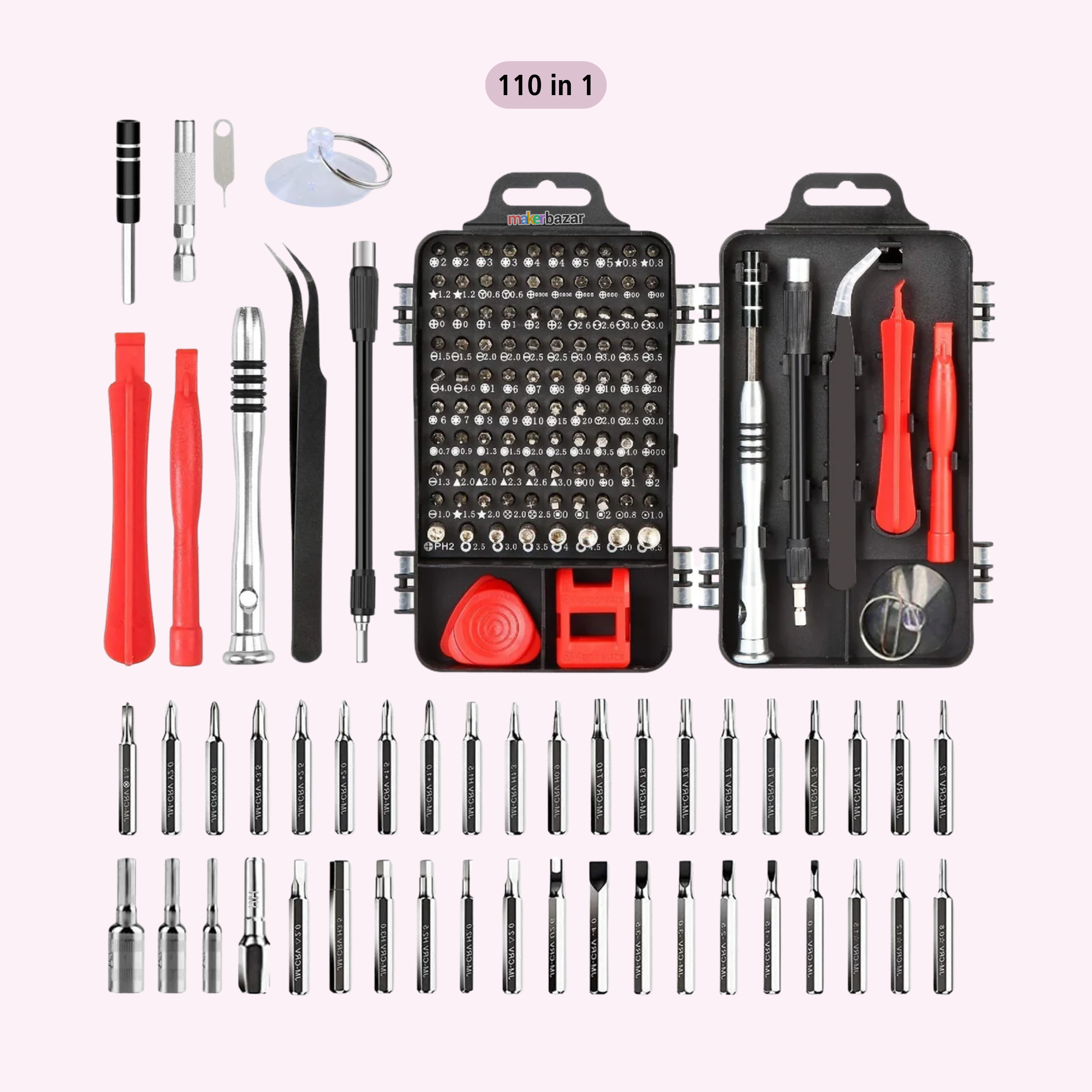 A 110-piece screwdriver and repair tool set displayed on a light pink background, featuring a black plastic case opened to show tools inside, with additional bits and accessories arranged around it. A small badge at the top reads '110 in 1'.