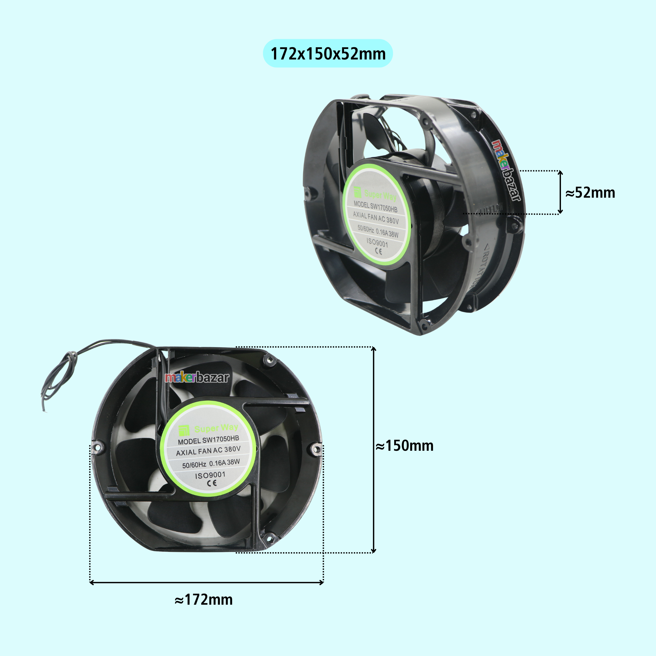 Black 12V 120mm radial fan shown from two angles with dimension markings of 172x150mm and 52mm on a light blue background.