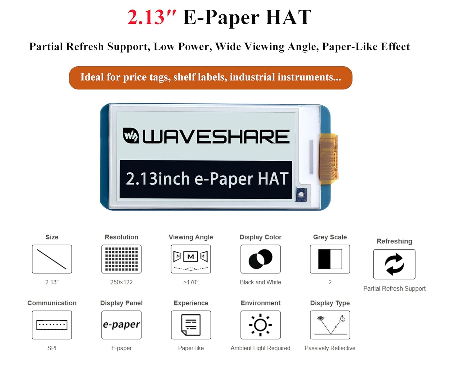 Waveshare: 12915 250x122 2.13inch E-Ink Display HAT for Raspberry Pi B&W