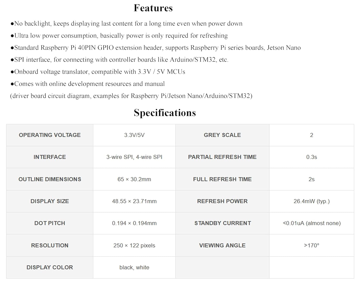 Waveshare: 12915 250x122 2.13inch E-Ink Display HAT for Raspberry Pi B&W