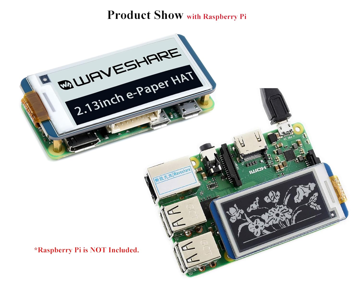 Waveshare: 12915 250x122 2.13inch E-Ink Display HAT for Raspberry Pi B&W