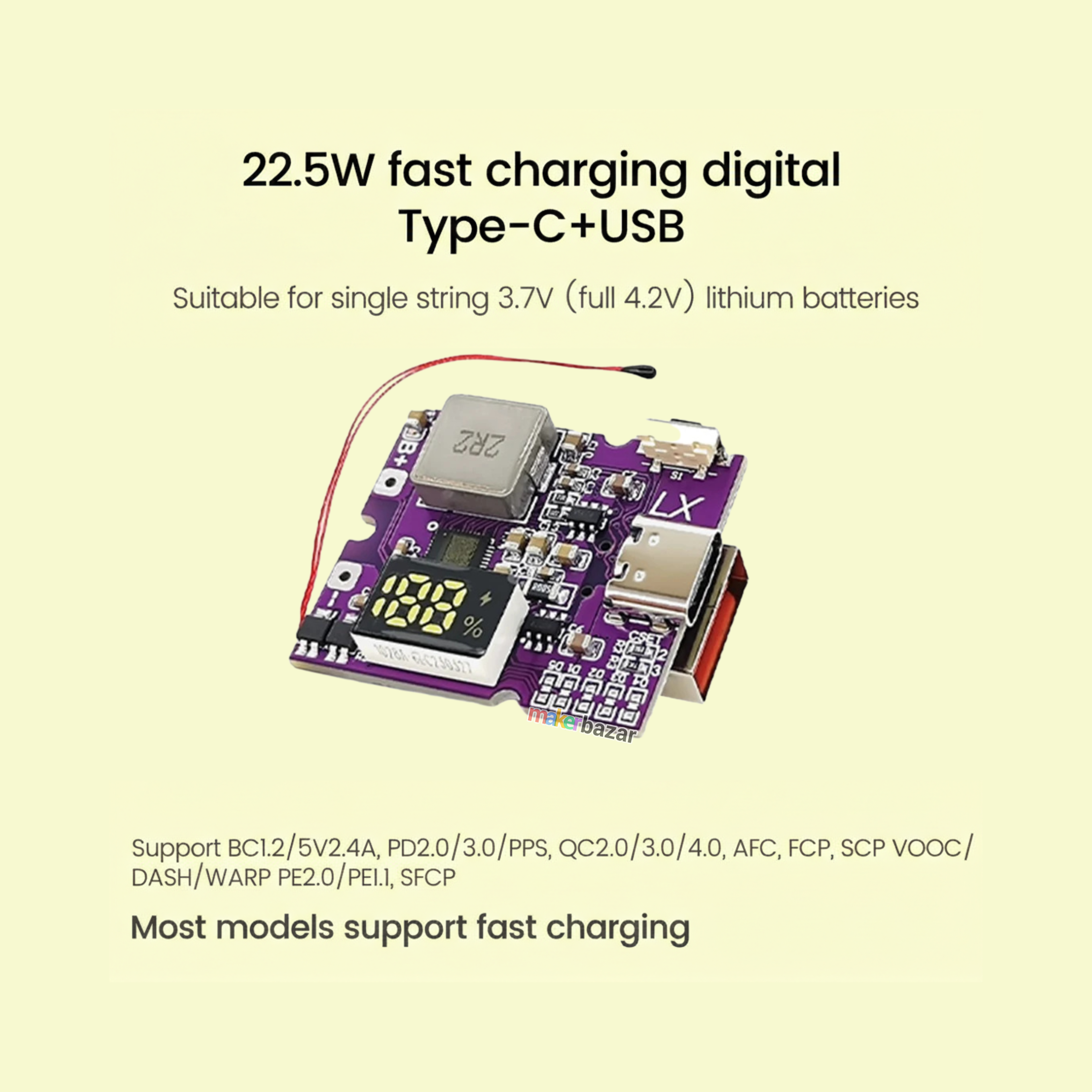 22.5W Bidirectional Fast Charging Power Bank Module With Digital/Light Display