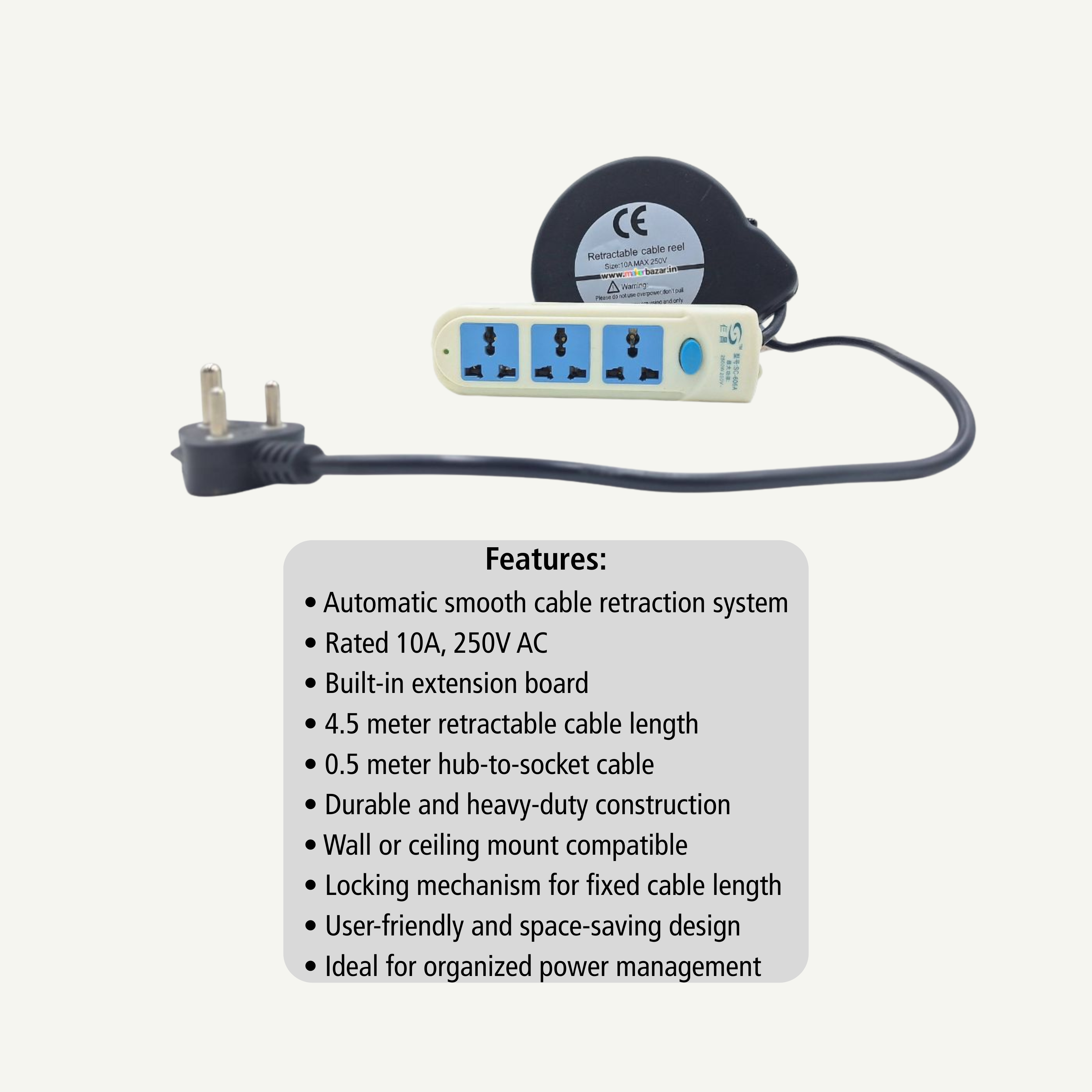 250V Automatic Cable Retraction Reels With Attached Extension