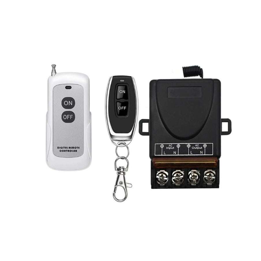 Set of electronic components including a remote control, receiver, and buttons on a white background