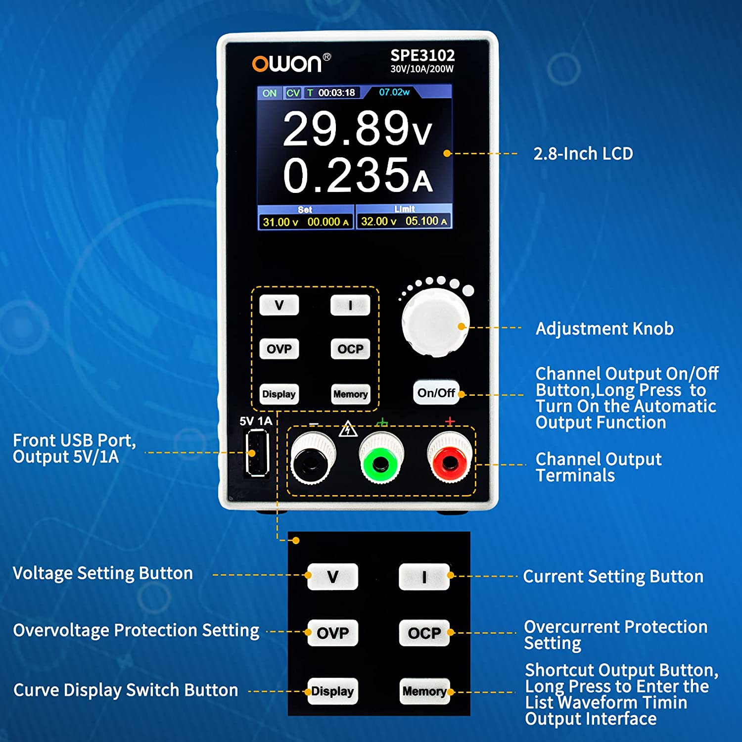 OWON SPE3102 DC Power Supply Variable, 30V 10A