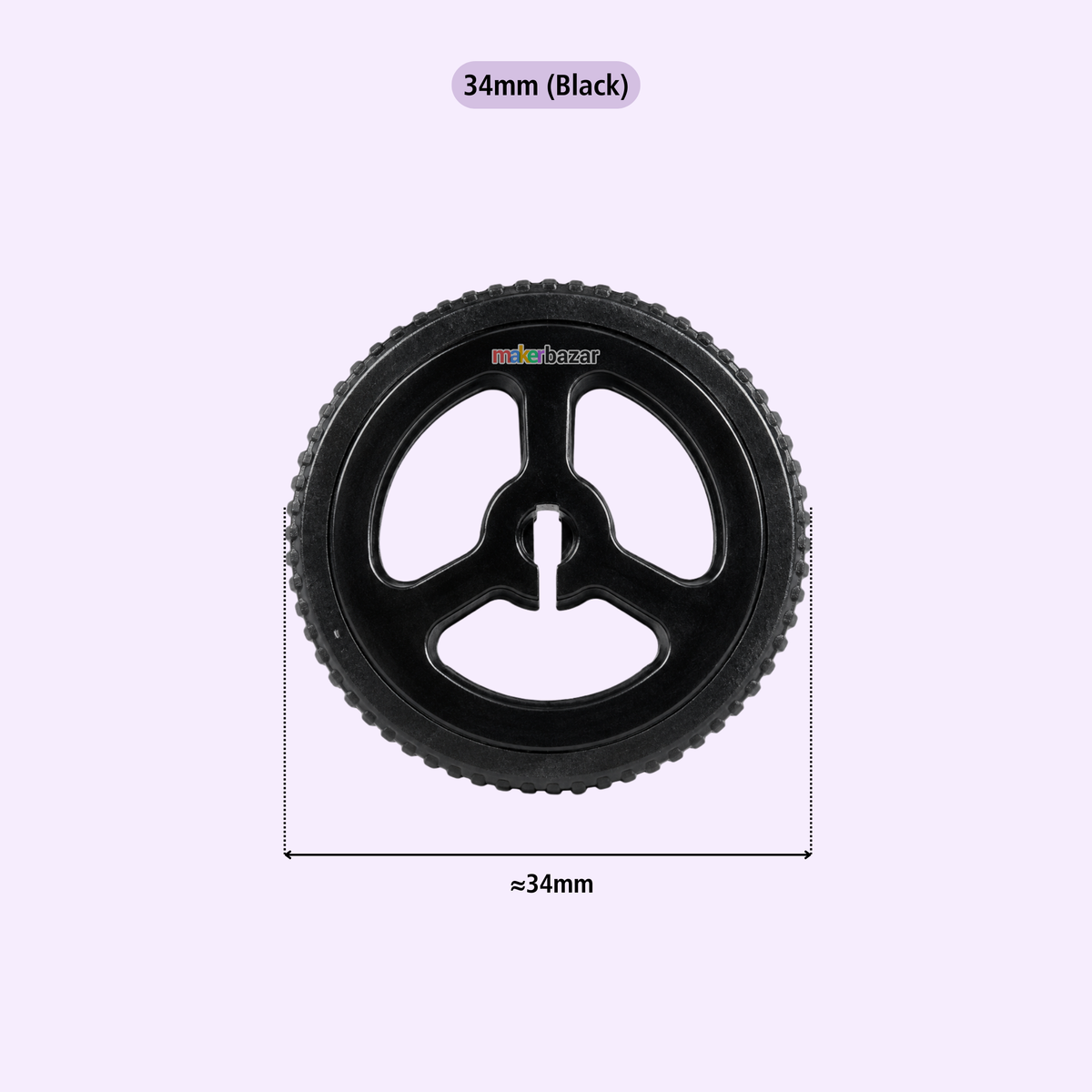 A black 34mm scooter wheel shown from a top-down view on a light lavender background, with dimension lines and text indicating a 34mm diameter.