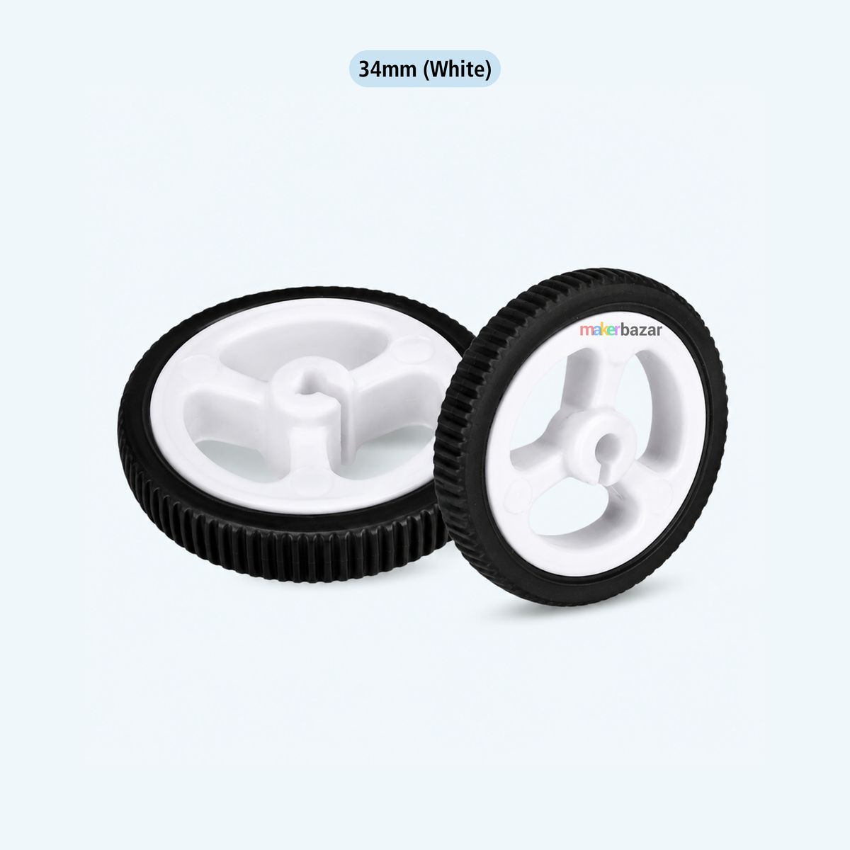 Two 34mm white caster wheels with black rubber tires, shown on a light blue background with a text label '34mm (White)' at the top.