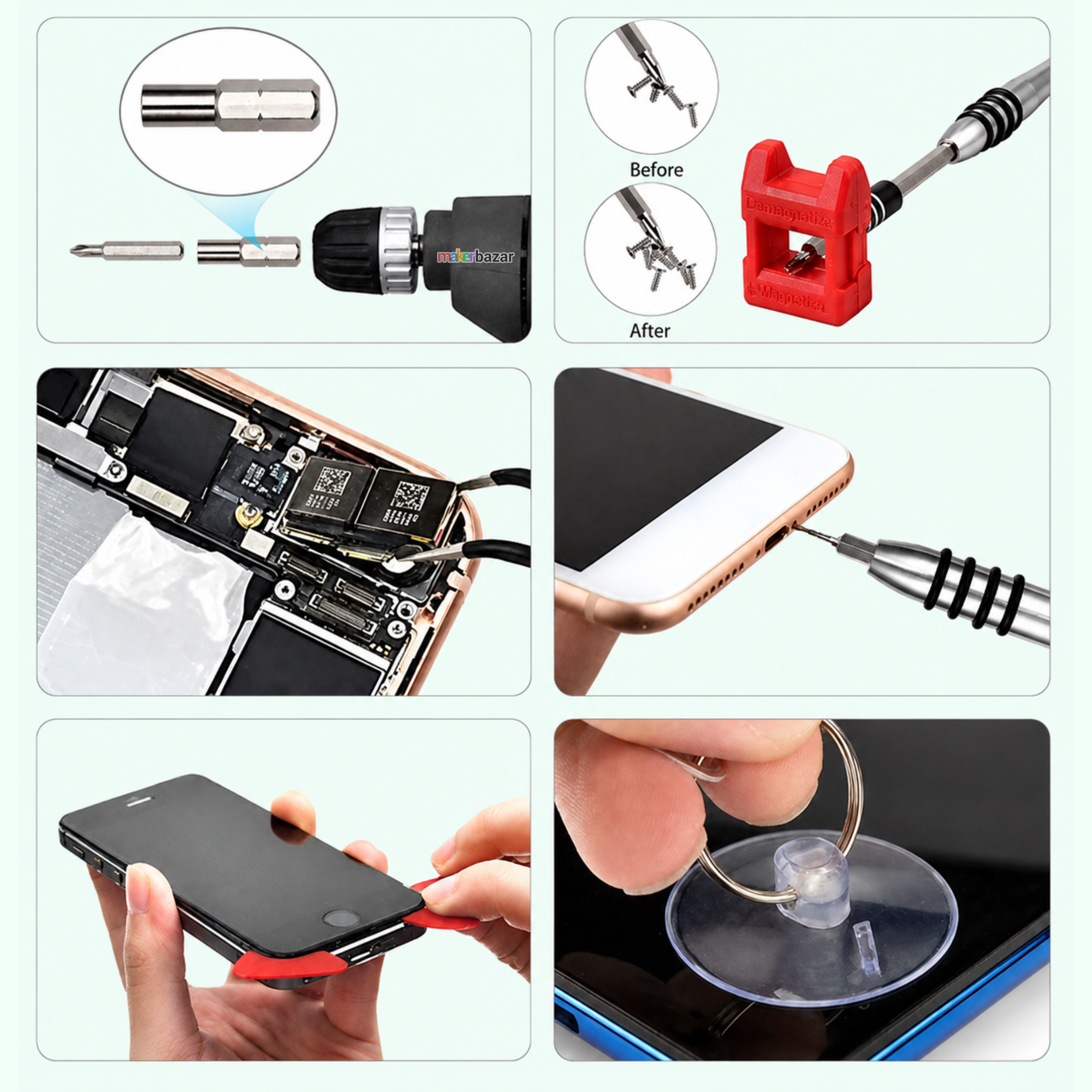 A 6-panel collage demonstrating a smartphone repair tool set, including a screwdriver bit close-up, a red clamp holding a screwdriver, before-and-after phone interior views, a phone edge with a screwdriver, a hand holding a phone with a red accessory, and a hand using a suction cup on a phone.