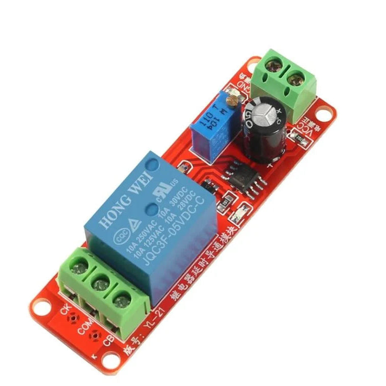 A red electronic relay module with a blue HONG WEI relay, green terminal blocks, and a black potentiometer on a white background.