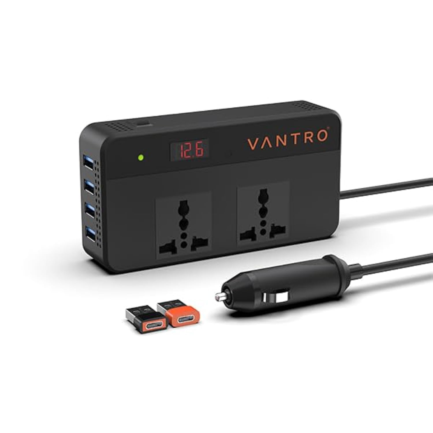 12VDC to 220VAC 200W Car Power Inverter/Laptop Charger with USB Ports & AC Outlets