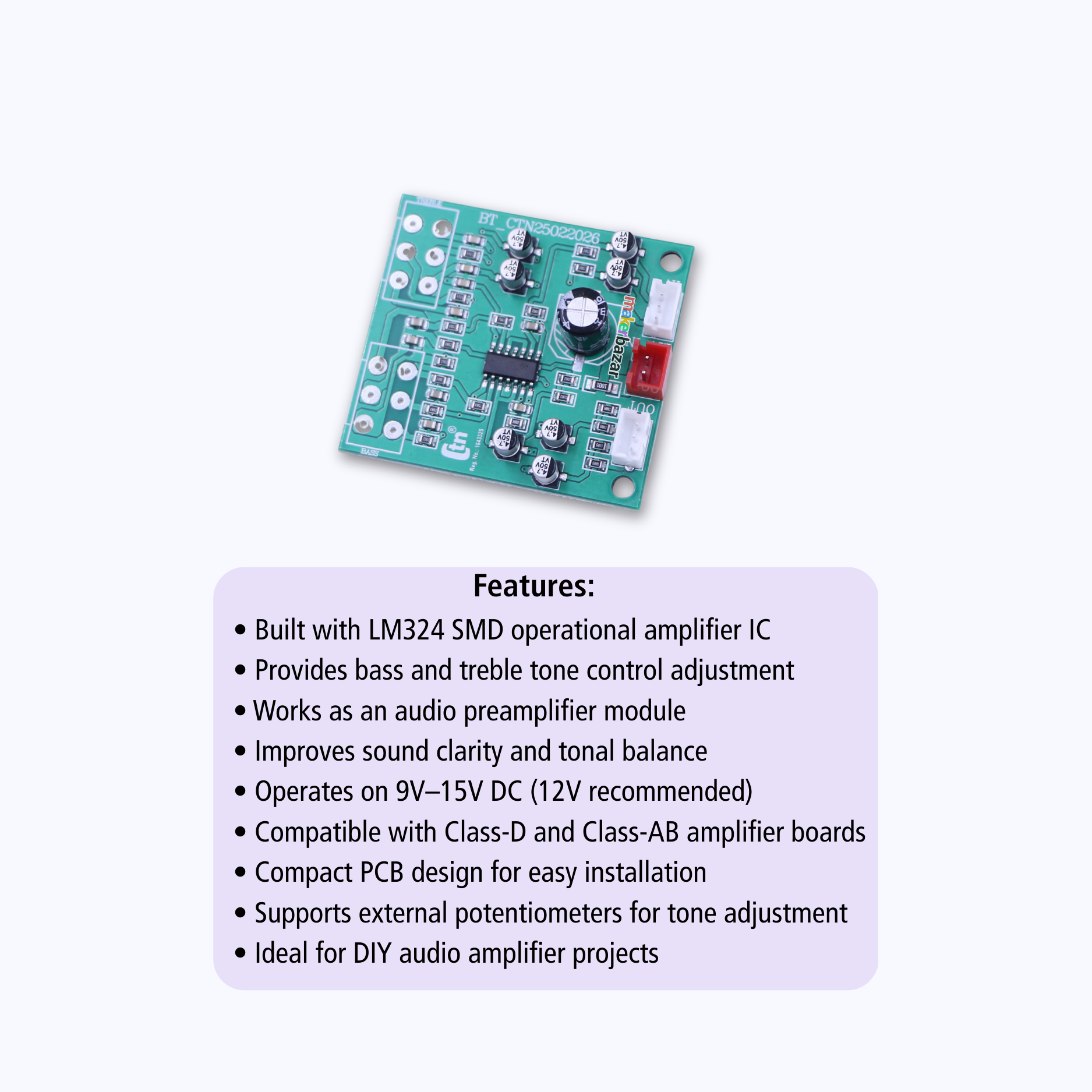 LM324 SMD Bass Treble Tone Control Preamplifier Board – 12V Audio Preamp Module