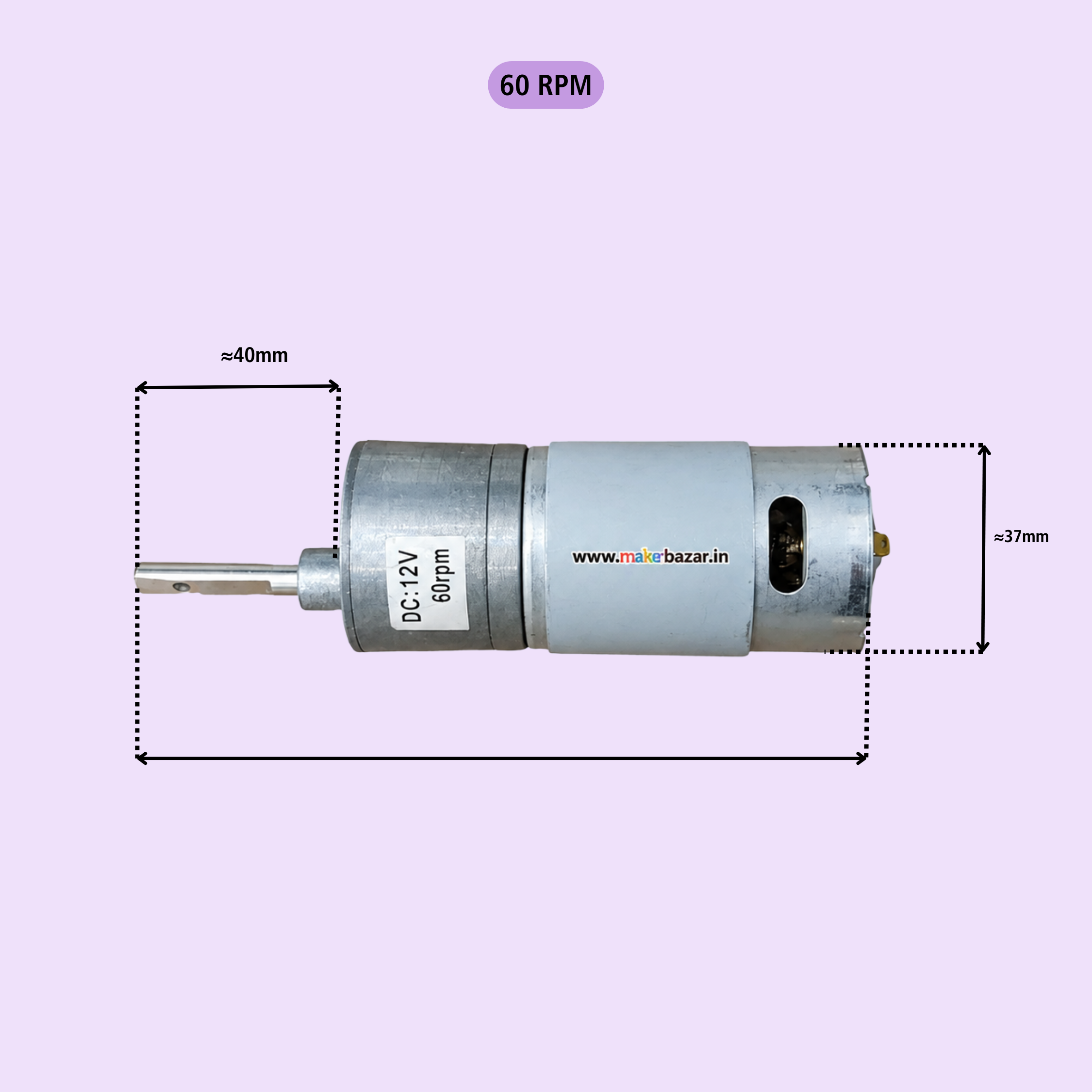 A small DC motor shown on a light lavender background with dimension callouts indicating approximately 40 mm total length, 17 mm width, and a shaft extending left. The image includes the text '60 RPM' and a visible website watermark.