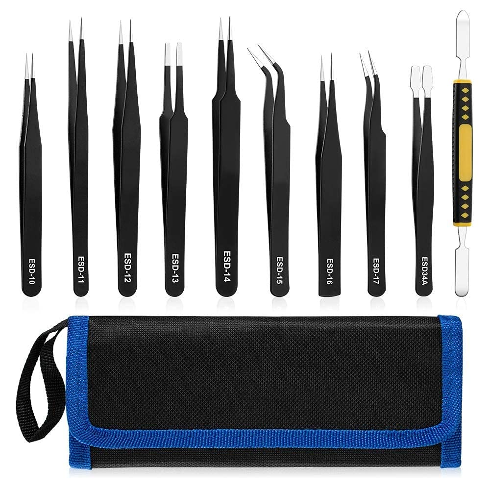 10Pcs Precision ESD Tweezer Set Anti-Static Stainless Steel Tweezer Kit