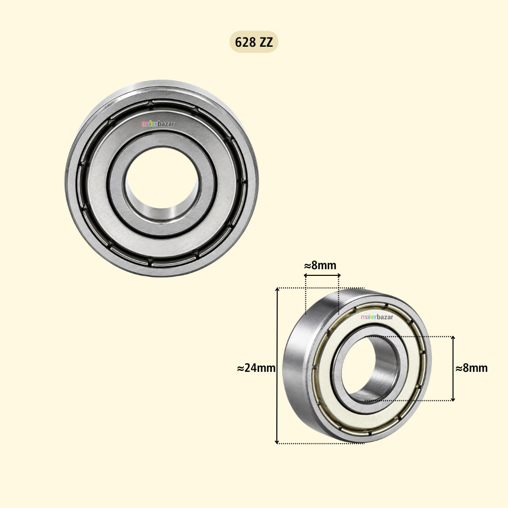 Two metal ball bearings shown on a light peach background, with one plain view and one annotated technical view showing dimensions approximately 6mm, 19mm, and 8mm. Text at the top reads 698 ZZ.