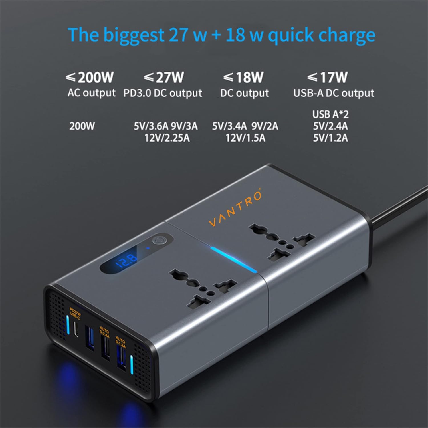 12VDC to 220VAC 200W Car Power Inverter/Laptop Charger with USB Ports & AC Outlets