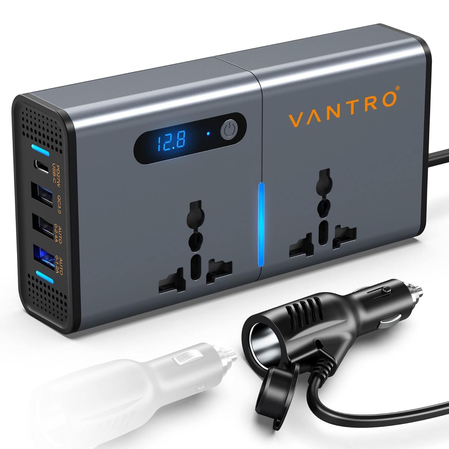 12VDC to 220VAC 200W Car Power Inverter/Laptop Charger with USB Ports & AC Outlets