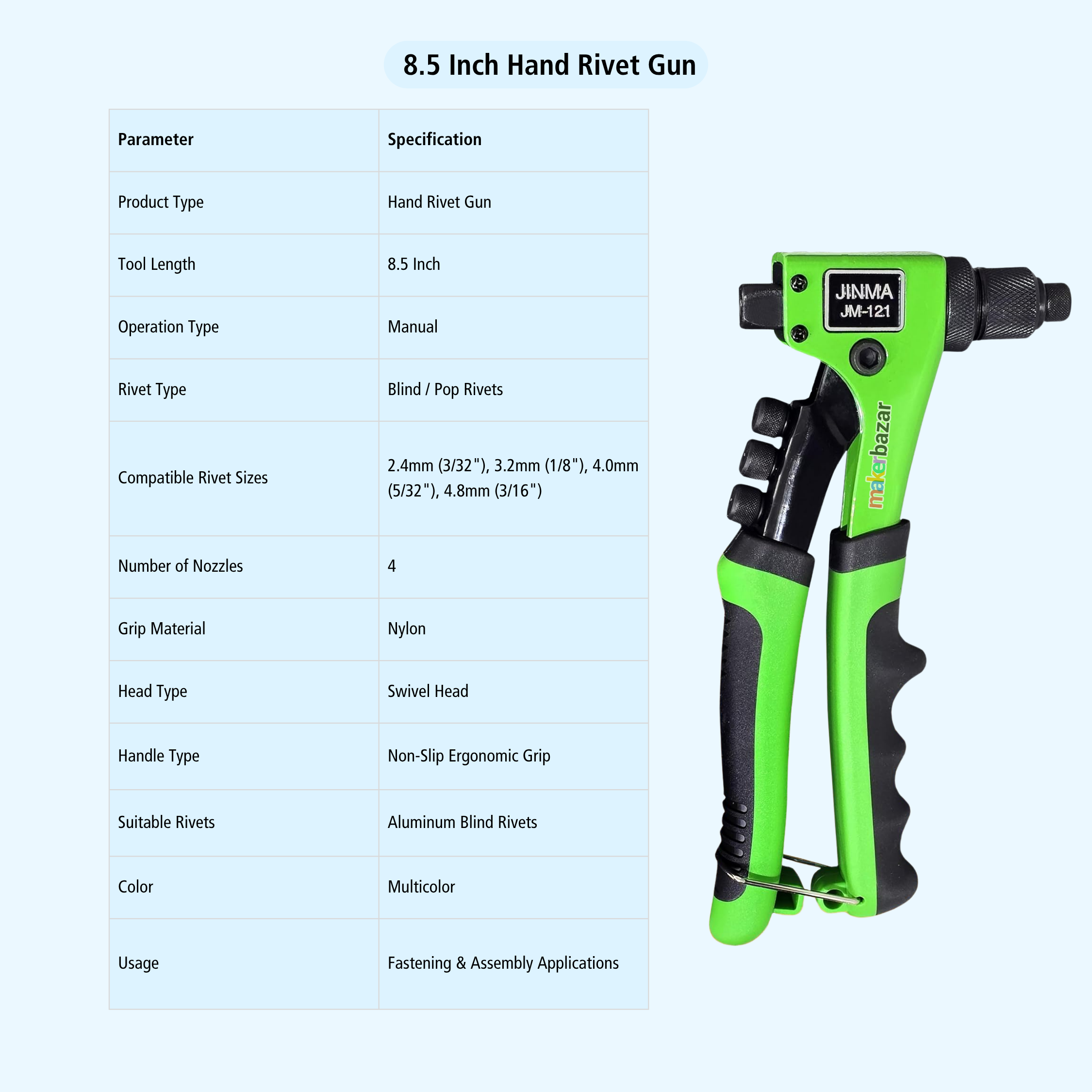 8.5-Inch Hand Rivet Gun Tool with Non-Slip Grip