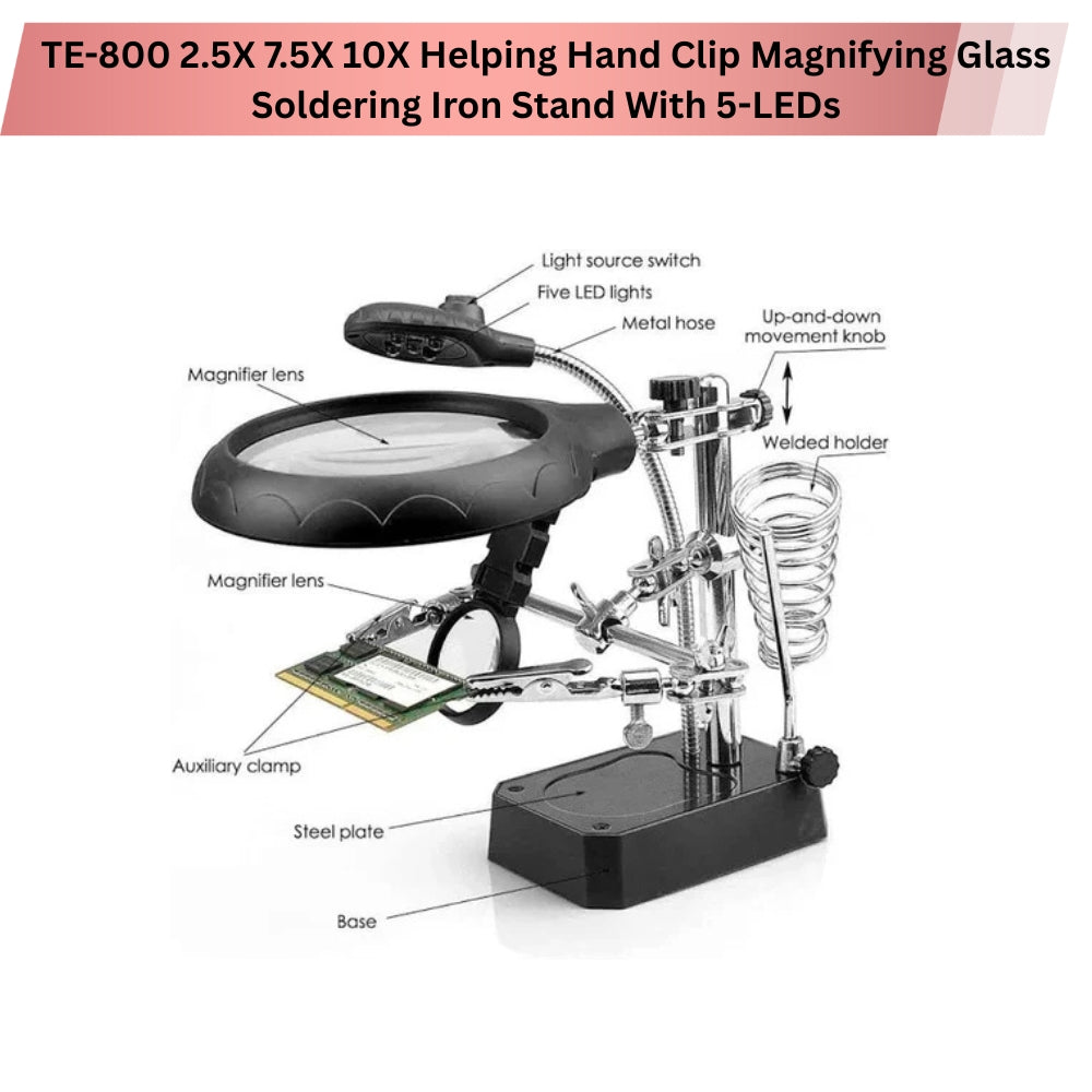 Third Helping Hand Soldering Iron Stand with Magnifier, Auxiliary Clips and LEDs