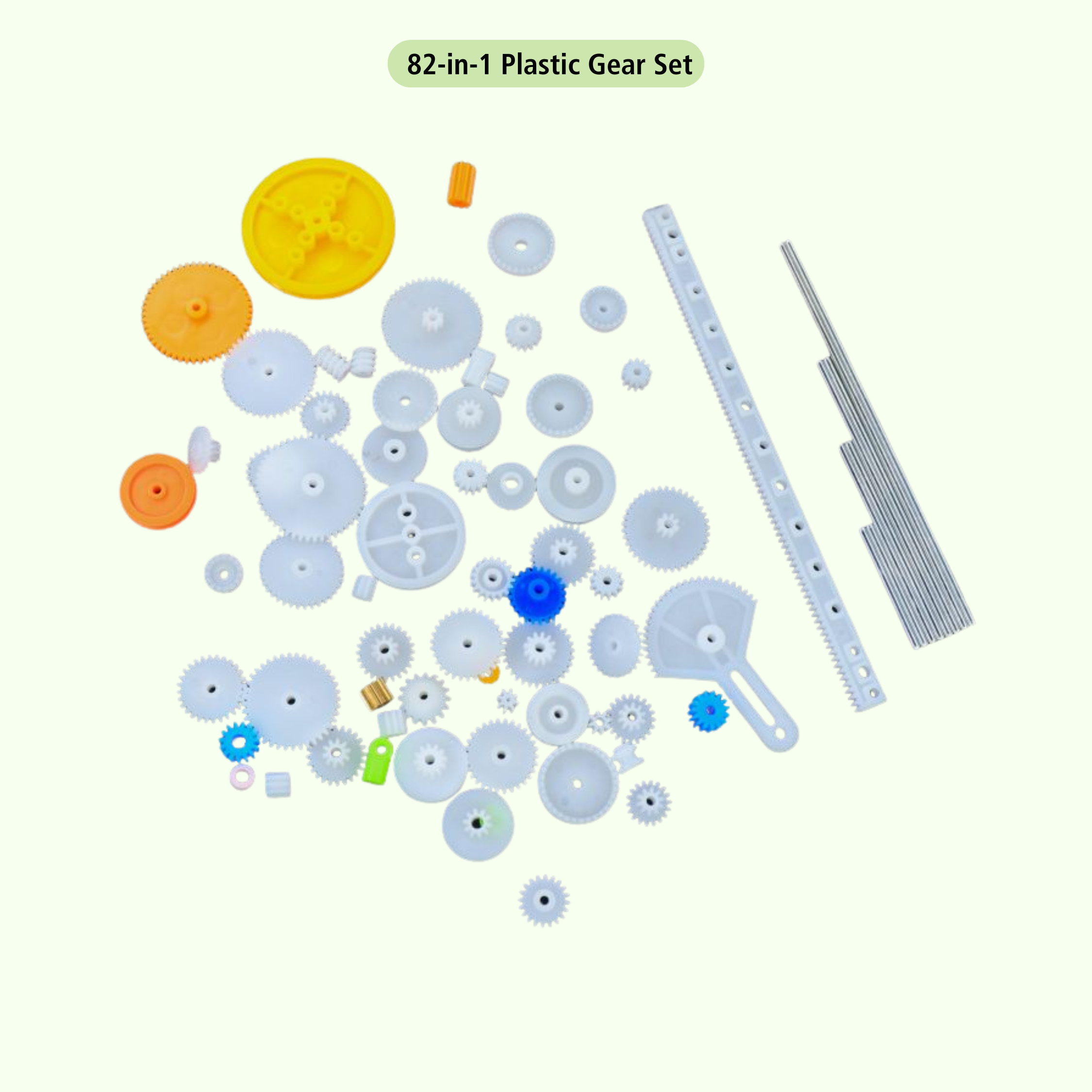 82pcs (Type-2) Plastic Gear Set with Wheels, Pulleys, Belts & Axles for Projects