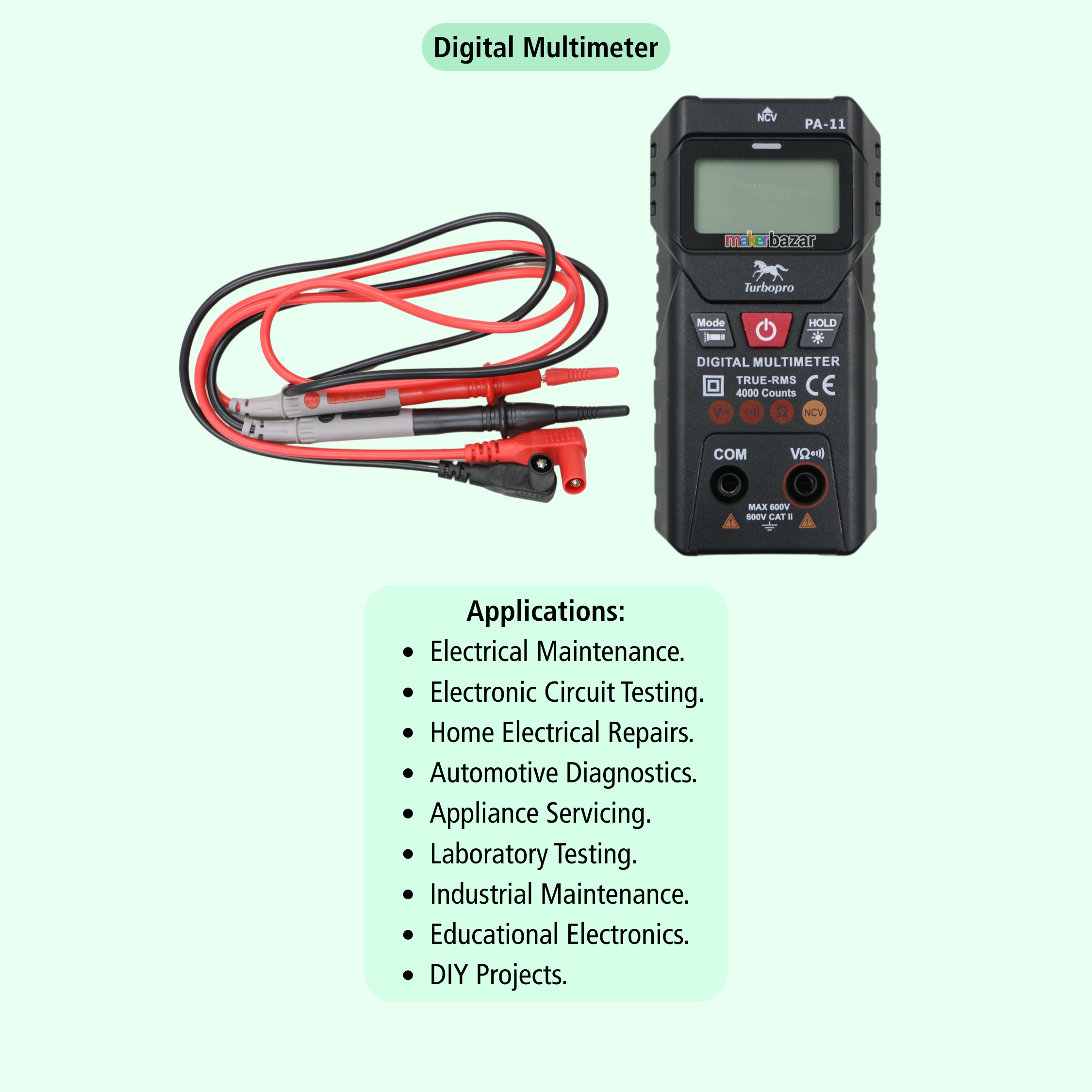 TurboPro PA-11 Intelligent Digital Multimeter 4000-Counts True RMS Auto Range NCV Tester