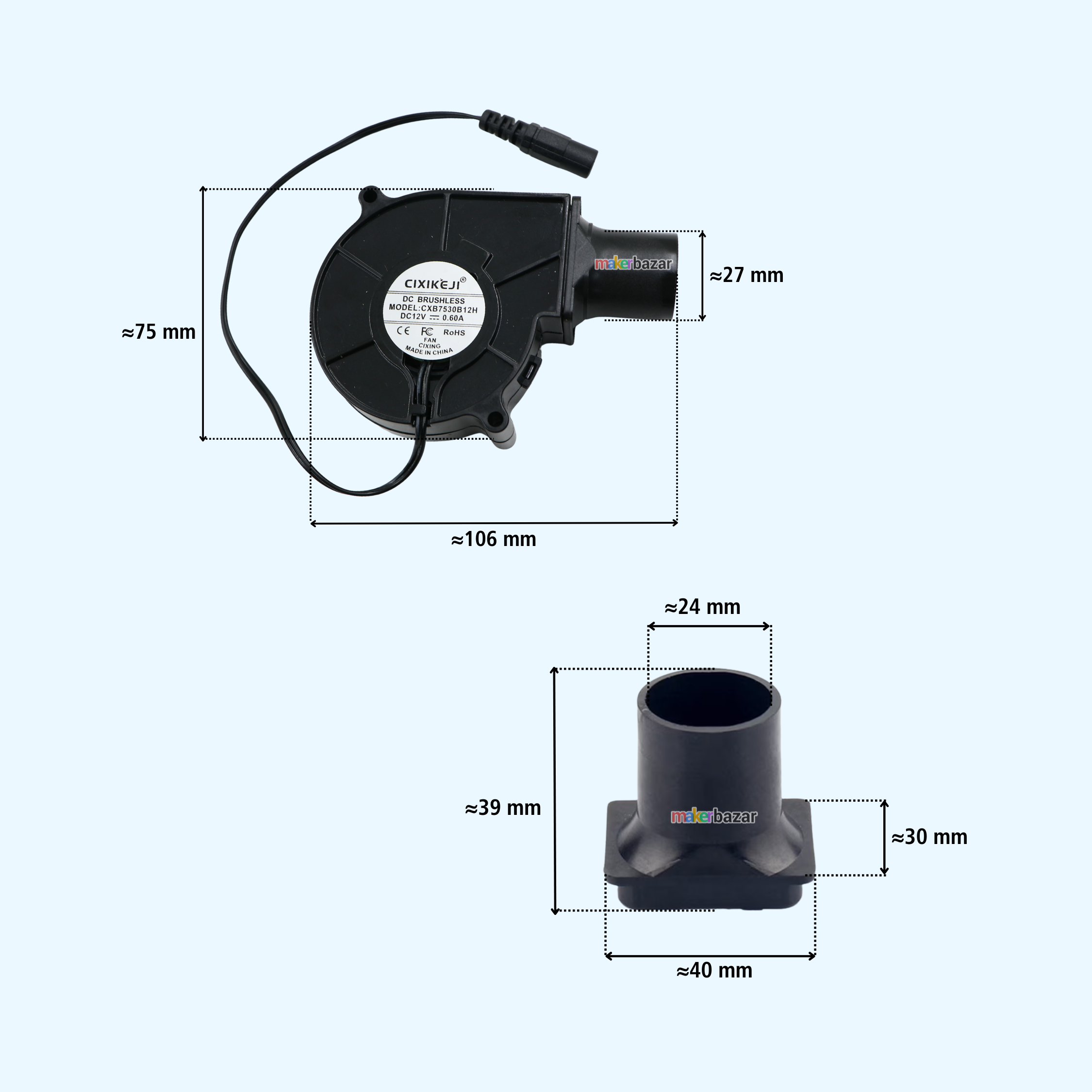 7530 12VDC Brushless Cooling Fan with Adjustable Speed Regulator Adapter