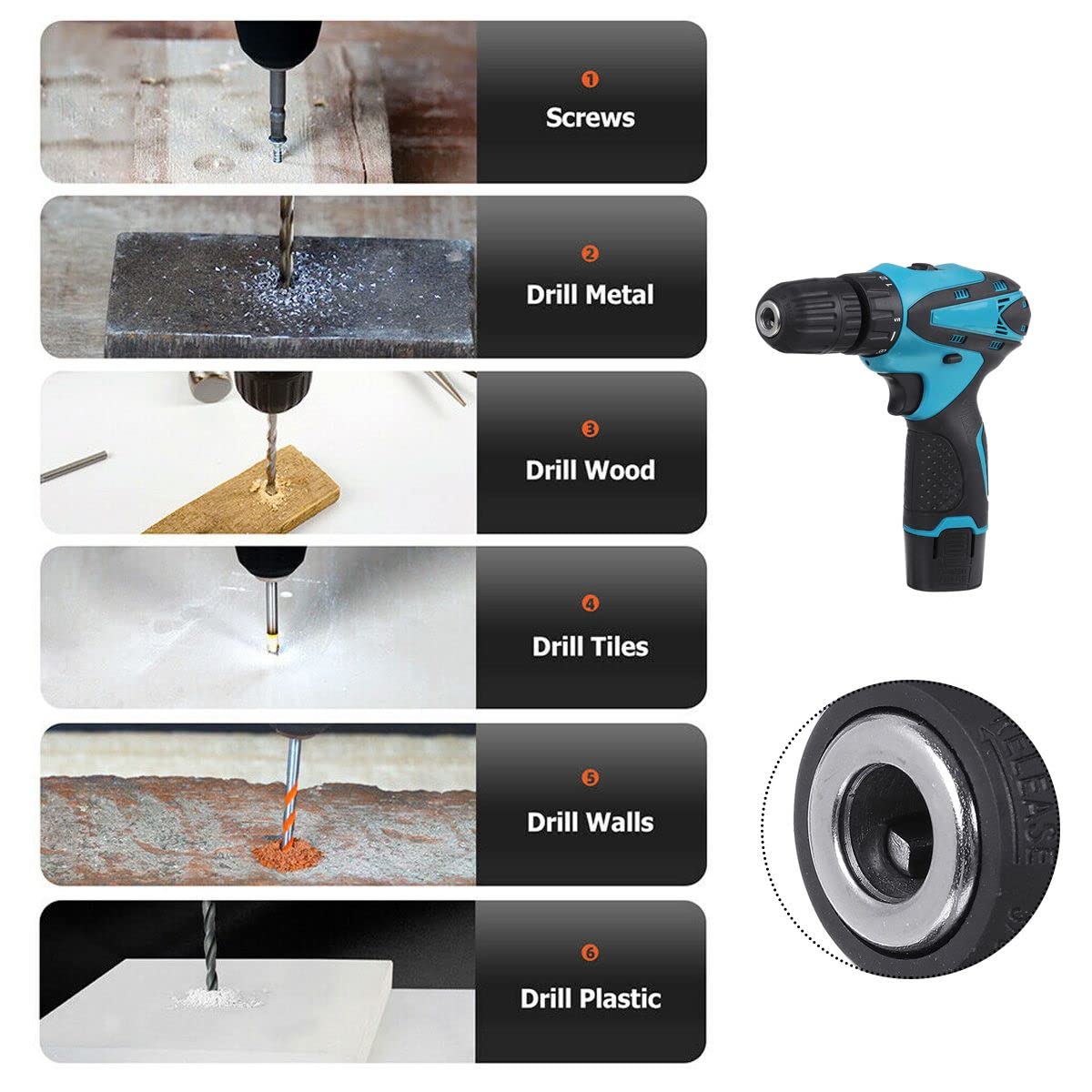 Generic: 12V Cordless Drill Machine Kit 10mm Keyless Chuck with Batteries & Two Speed Control