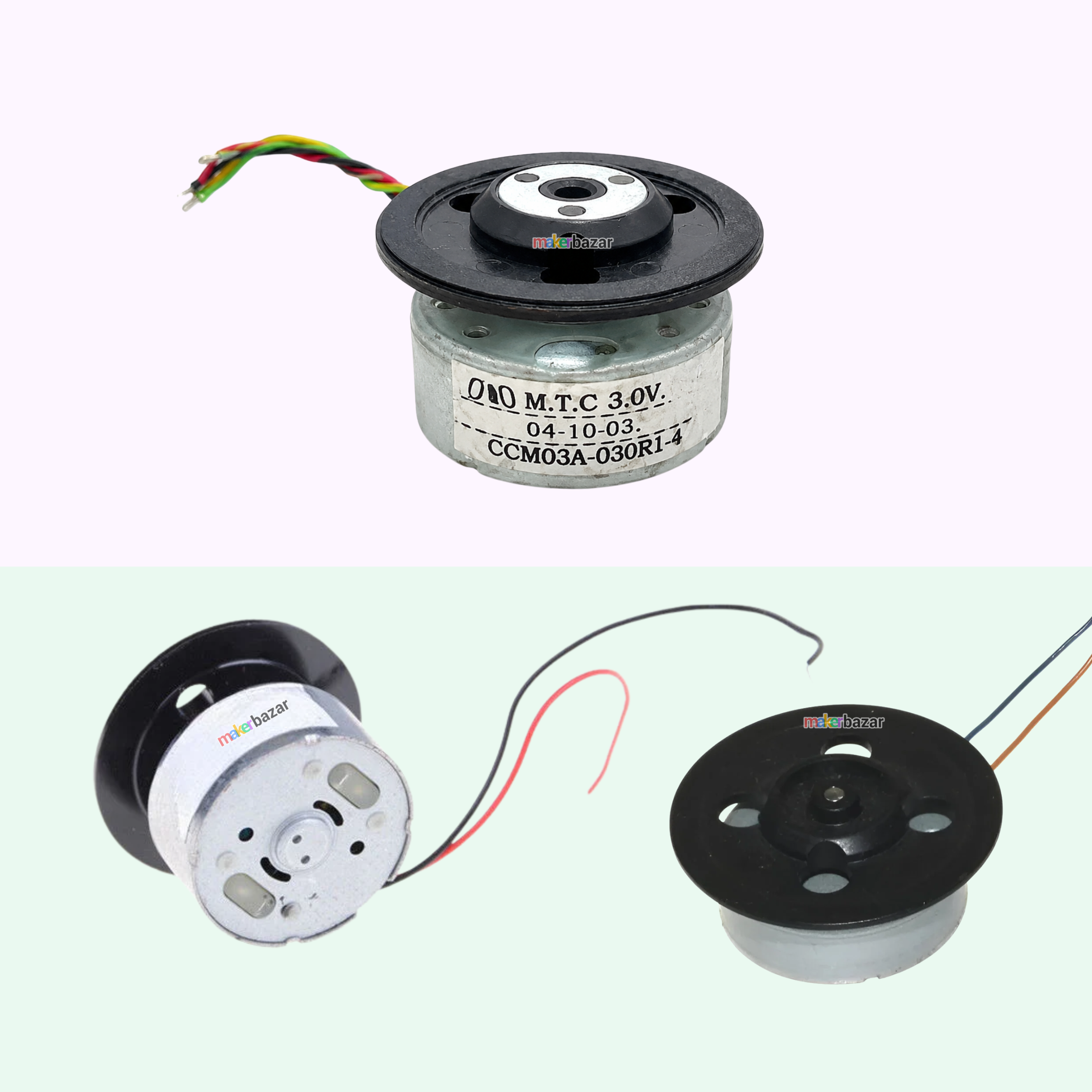 Three views of a small DC motor driver module, showing both the top and side views with attached wires, on a split white and pale green background.
