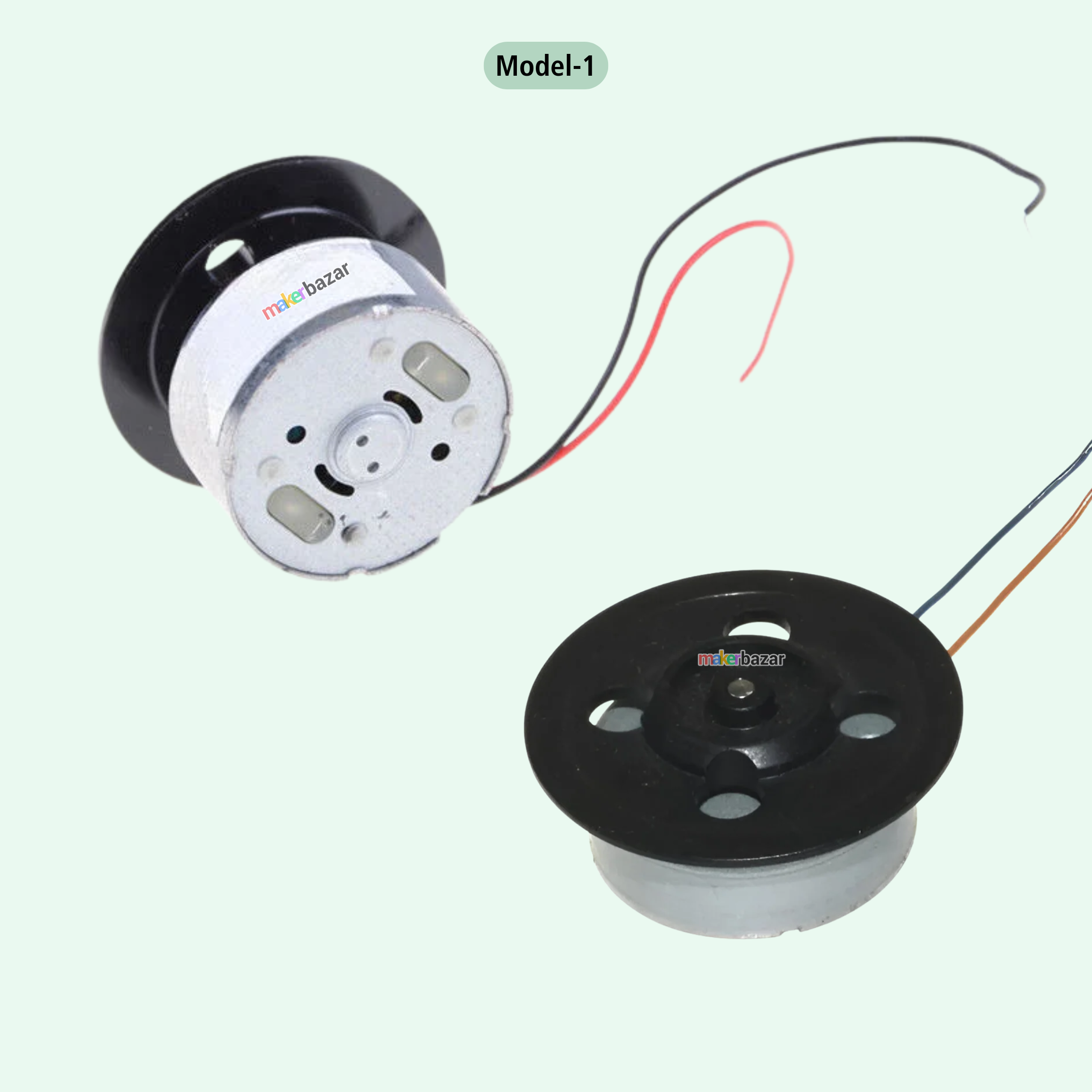 Two small electric motors shown on a pale mint background, labeled Model-1. One motor is shown from the side with a black outer housing, white inner body, and red/black wires.