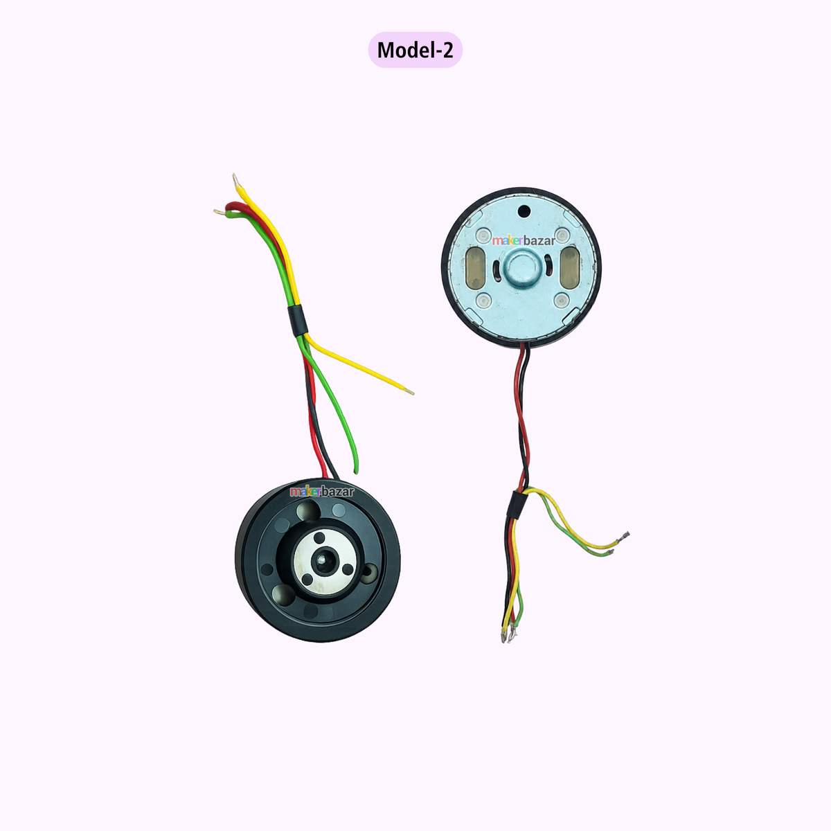 Two small round electronic components with attached multicolored wires, shown on a plain light background. One component is viewed from the side and the other from the top, with a small label reading 'Model-2' above.