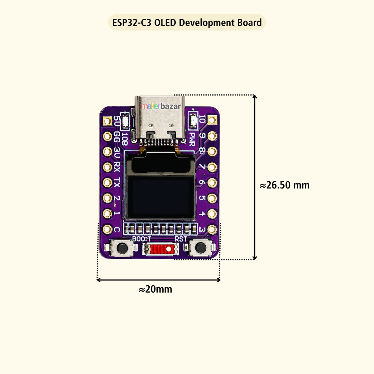 ESP32-C3 OLED Development Board by mFAB bazar, shown on a light beige background with dimension lines indicating a height of approximately 26.50 mm and a width of approximately 20 mm.
