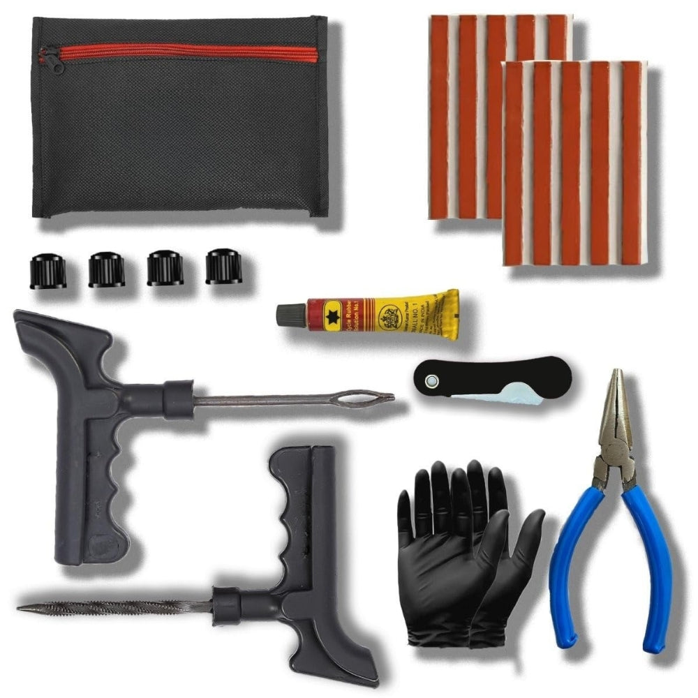 8 in 1 Tubeless Tyre Puncture Kit with Probe, Reamer, Knife,10 Rubber Strips, Valve Cap,Gloves, Plier, Storage Bag for Cars, Bike