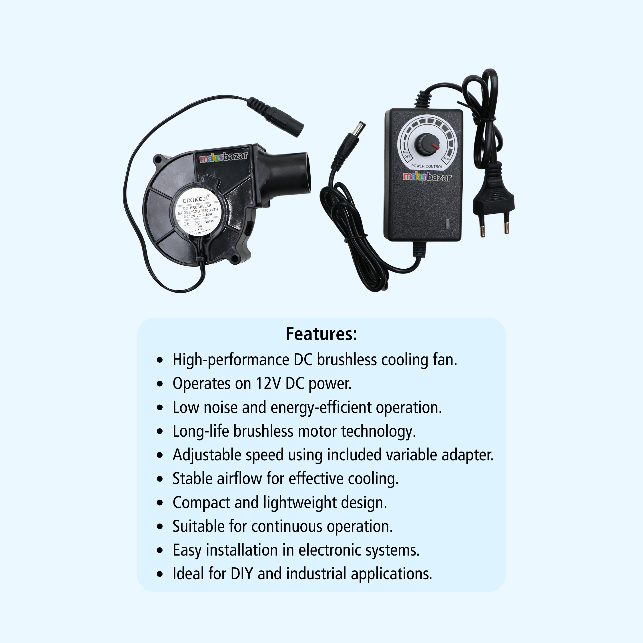 7530 12VDC Brushless Cooling Fan with Adjustable Speed Regulator Adapter