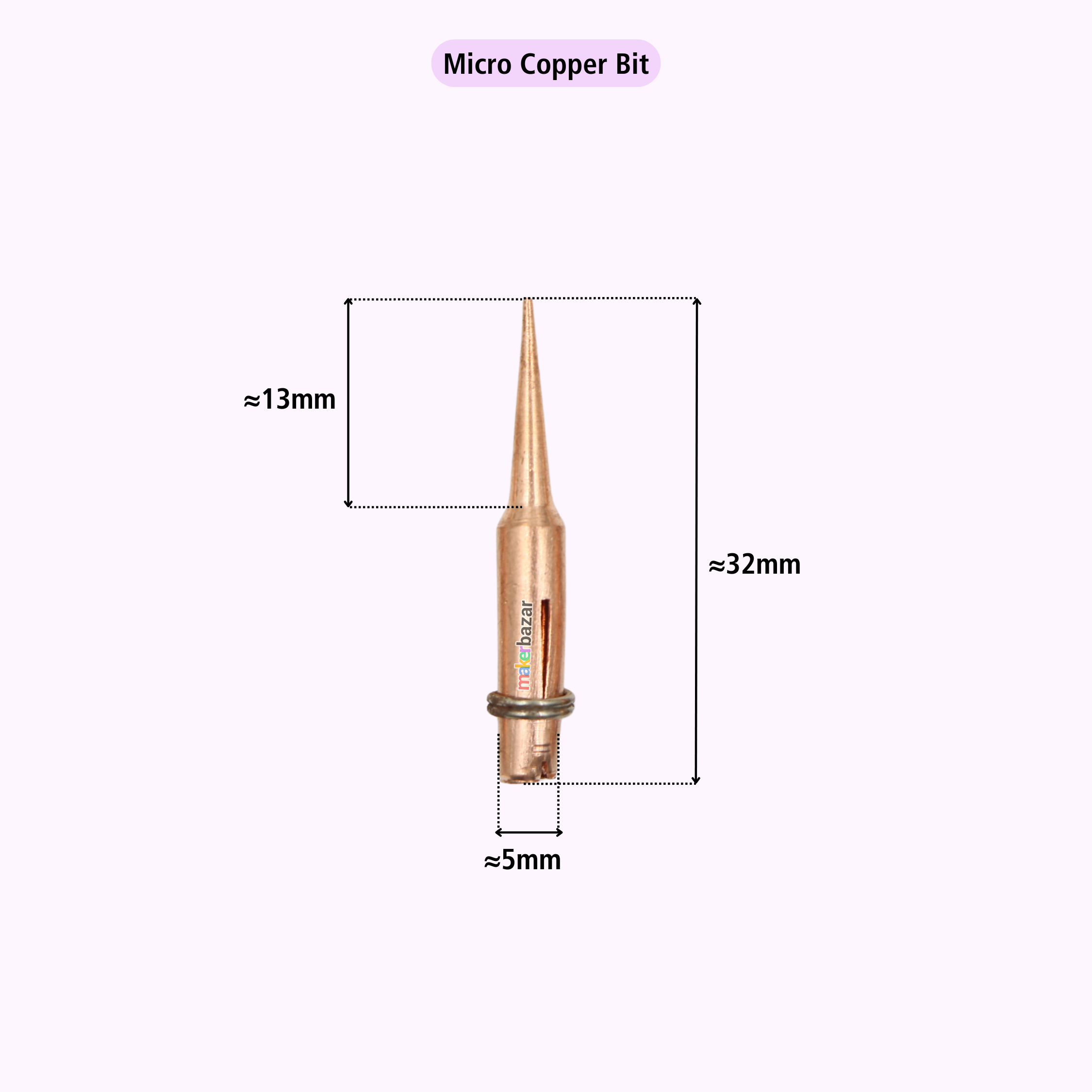 A copper-colored micro copper bit with dimension annotations showing a total length of approximately 32mm, a tip-to-base distance of 13mm, and a base diameter of 5mm, on a pale lavender background.
