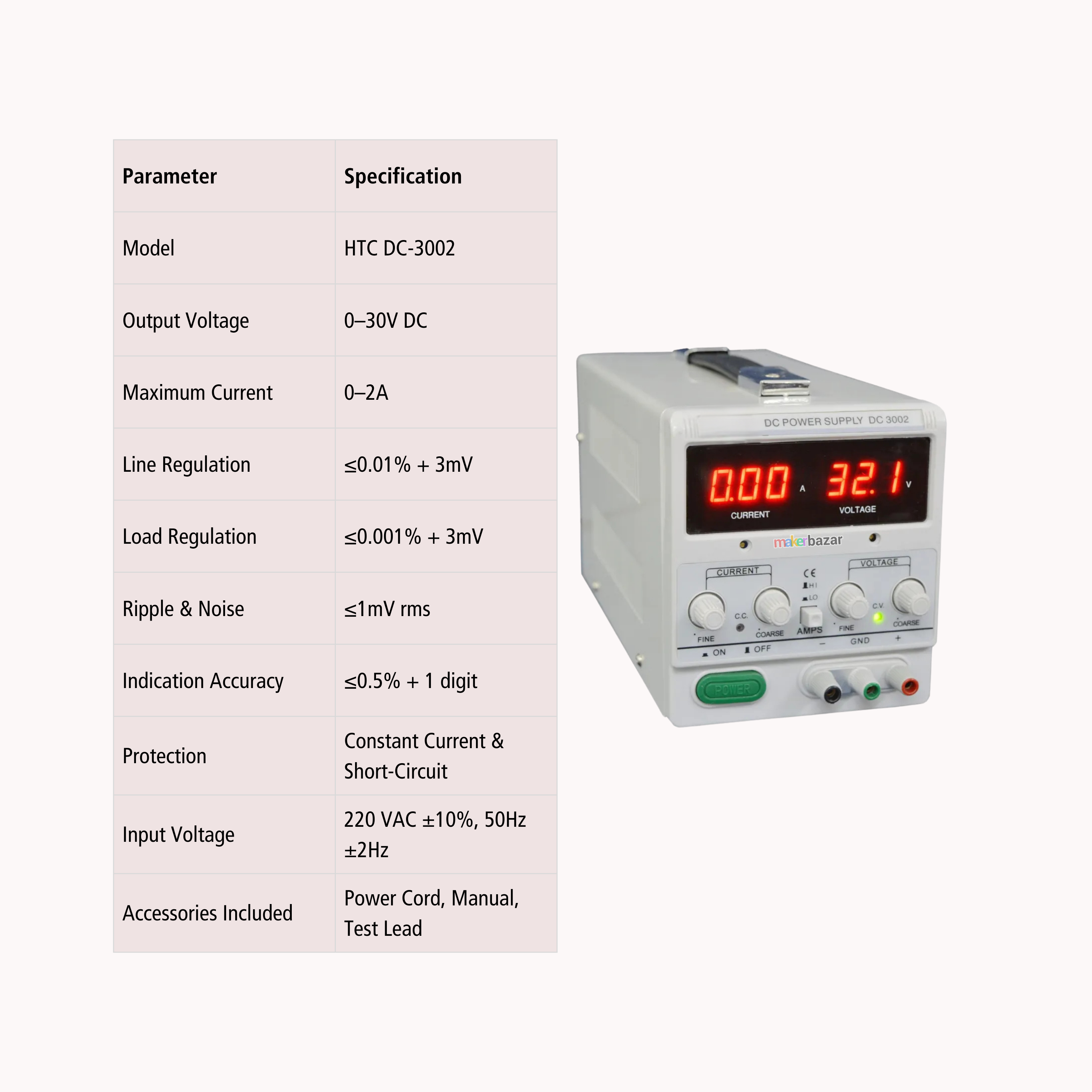 HTC DC-3002 0–30V 2A Linear Regulated DC Power Supply