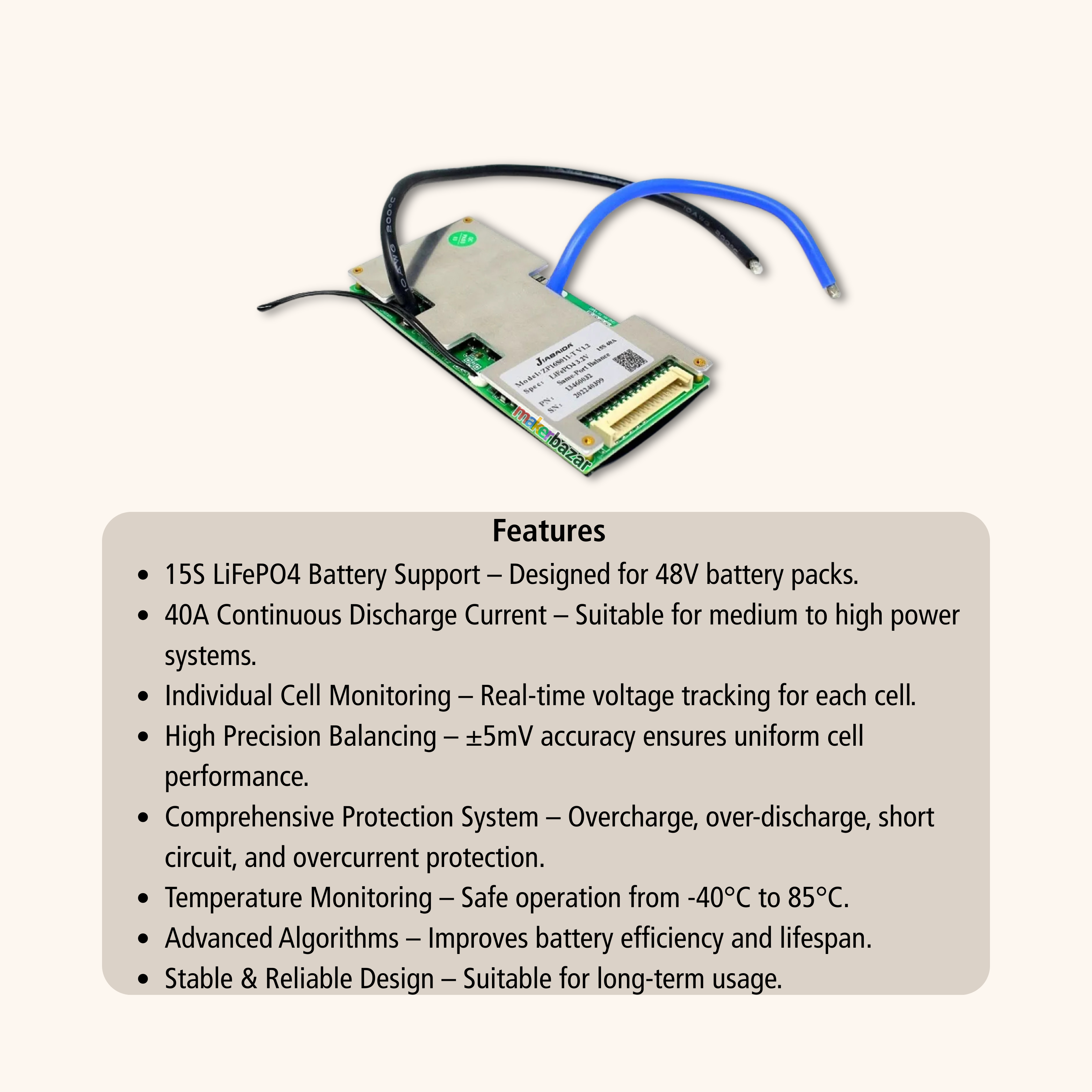 JIABAIDA JBD 15S Series 48V LiFePO4 BMS V1.2 Battery Management System