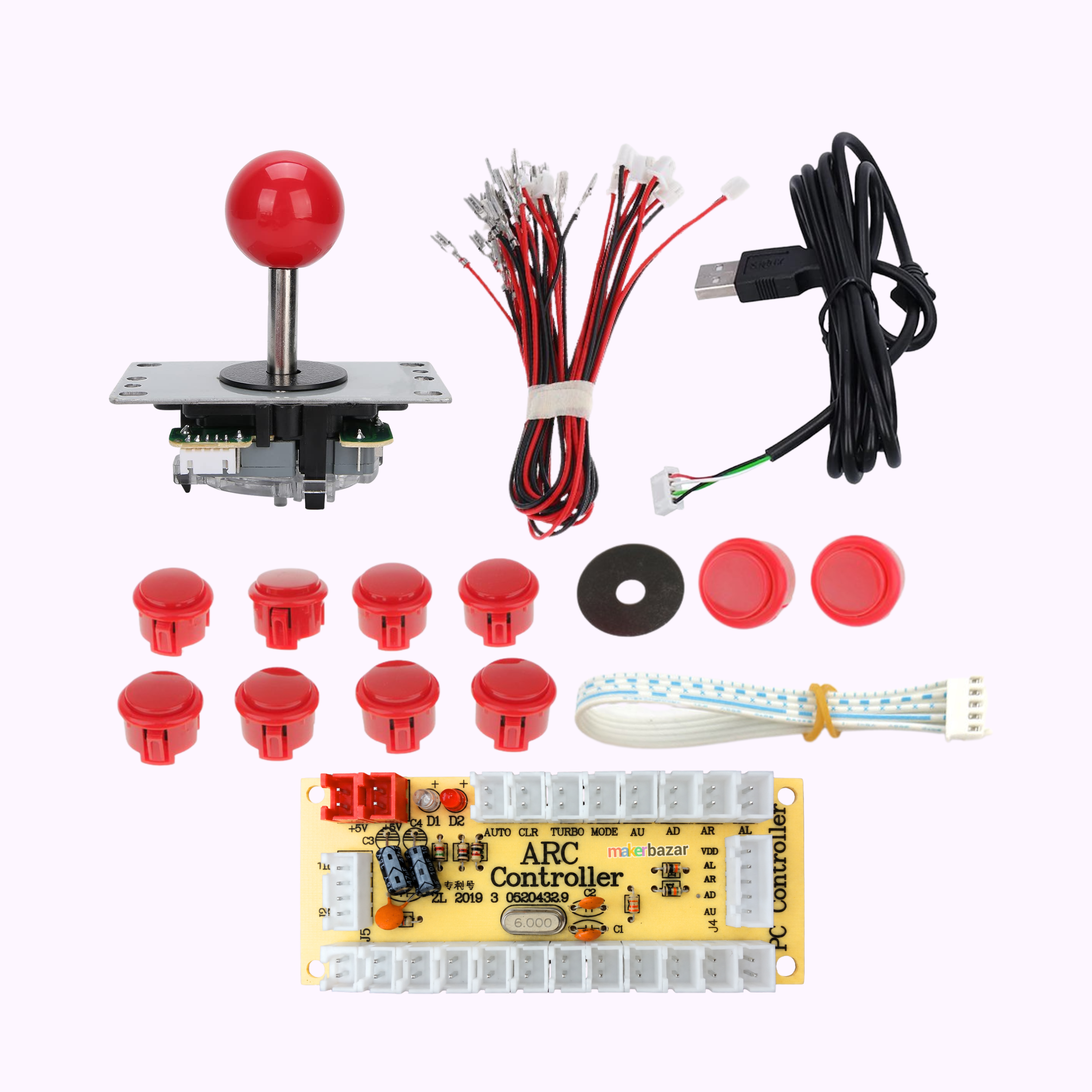 A complete arcade controller kit laid out on a white background, including a red joystick, multiple red push buttons, a black wired controller, a USB cable, a yellow circuit board controller, and mounting hardware.