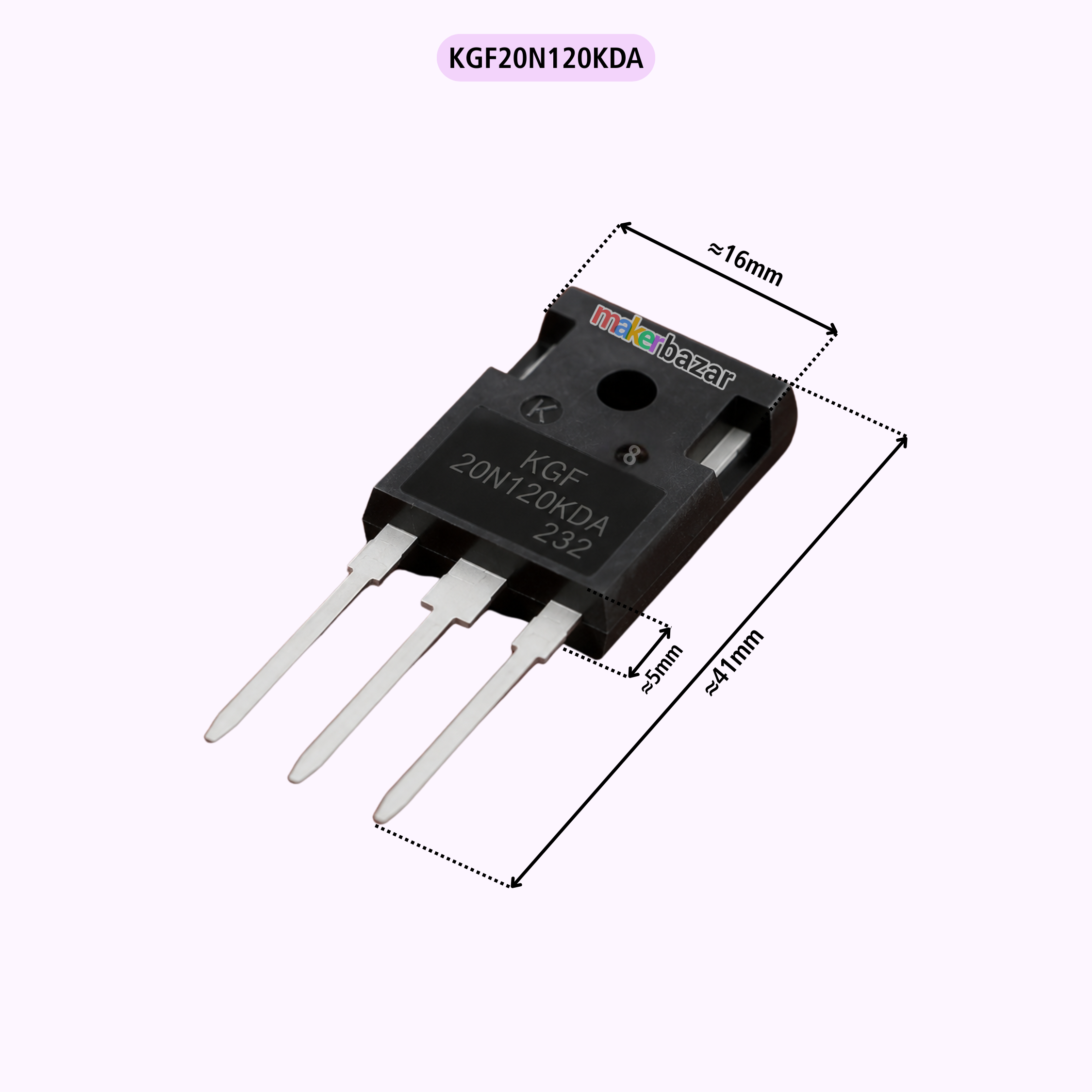 A black 3-pin electronic transistor component with white leads, shown with dimension lines and text indicating measurements of approximately 16mm, 11mm, and 5mm. The text 'KGF20N120KDA' appears at the top.
