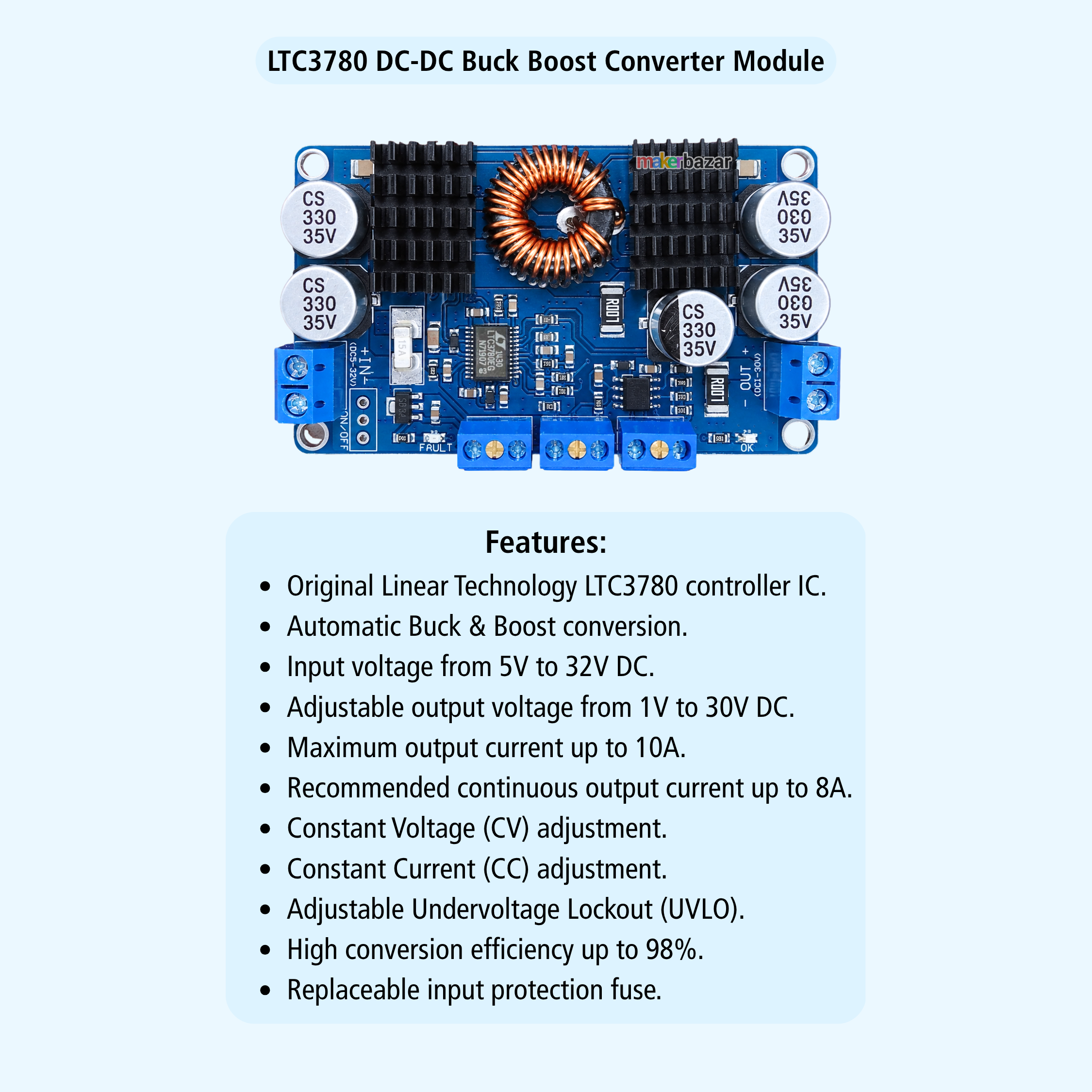 LTC3780 10A DC-DC Automatic Buck Boost Converter Module-Adjustable Step Up Step Down Power Supply