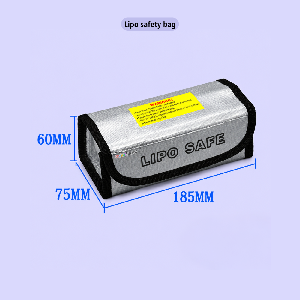 A silver insulated Lipo safety bag with black trim and a yellow warning label, shown with blue dimension lines indicating 185mm length, 75mm width, and 60mm height on a light lavender background.