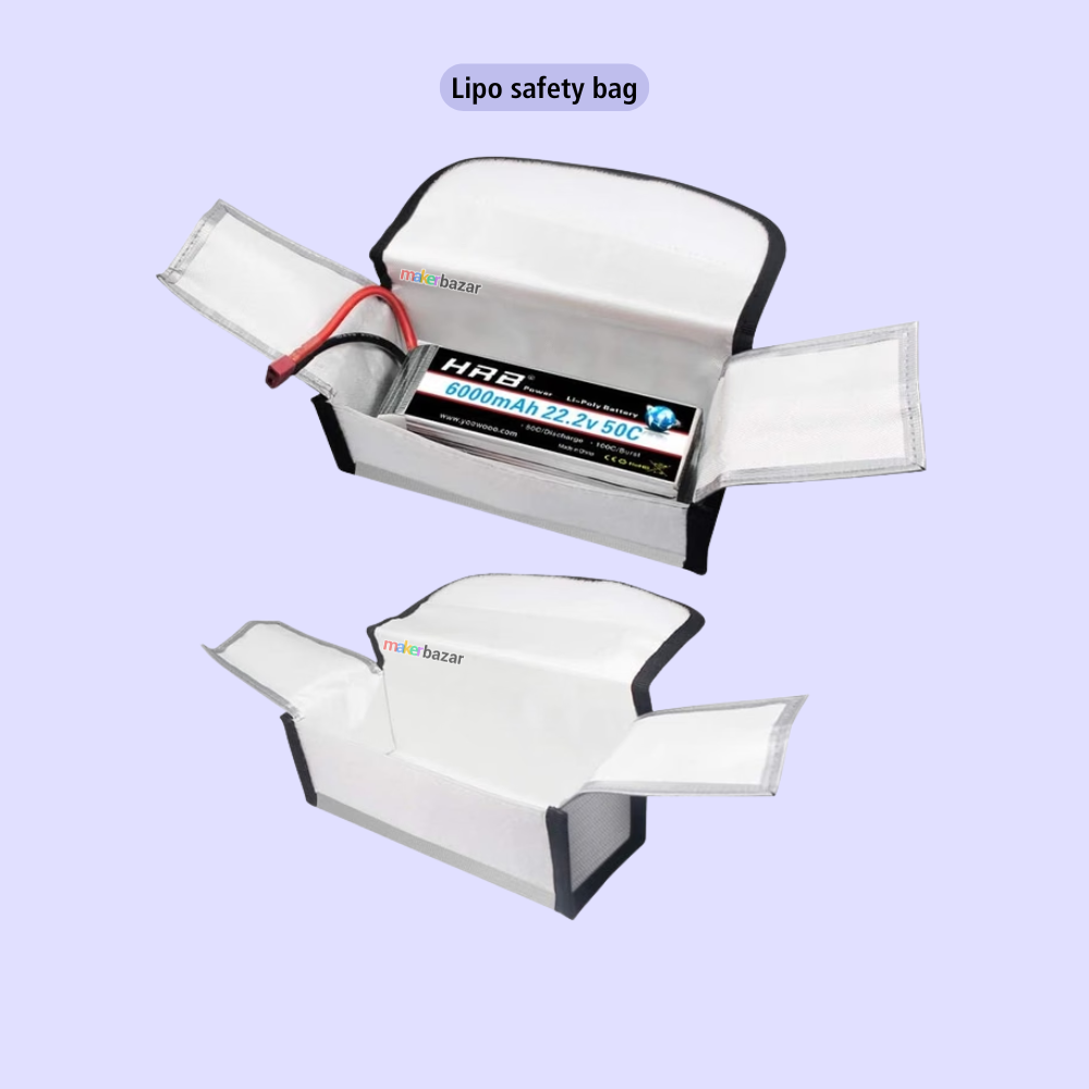 Two views of a white and black insulated battery safety bag with the battery removed, labeled 'Lipo safety bag,' on a light lavender background.